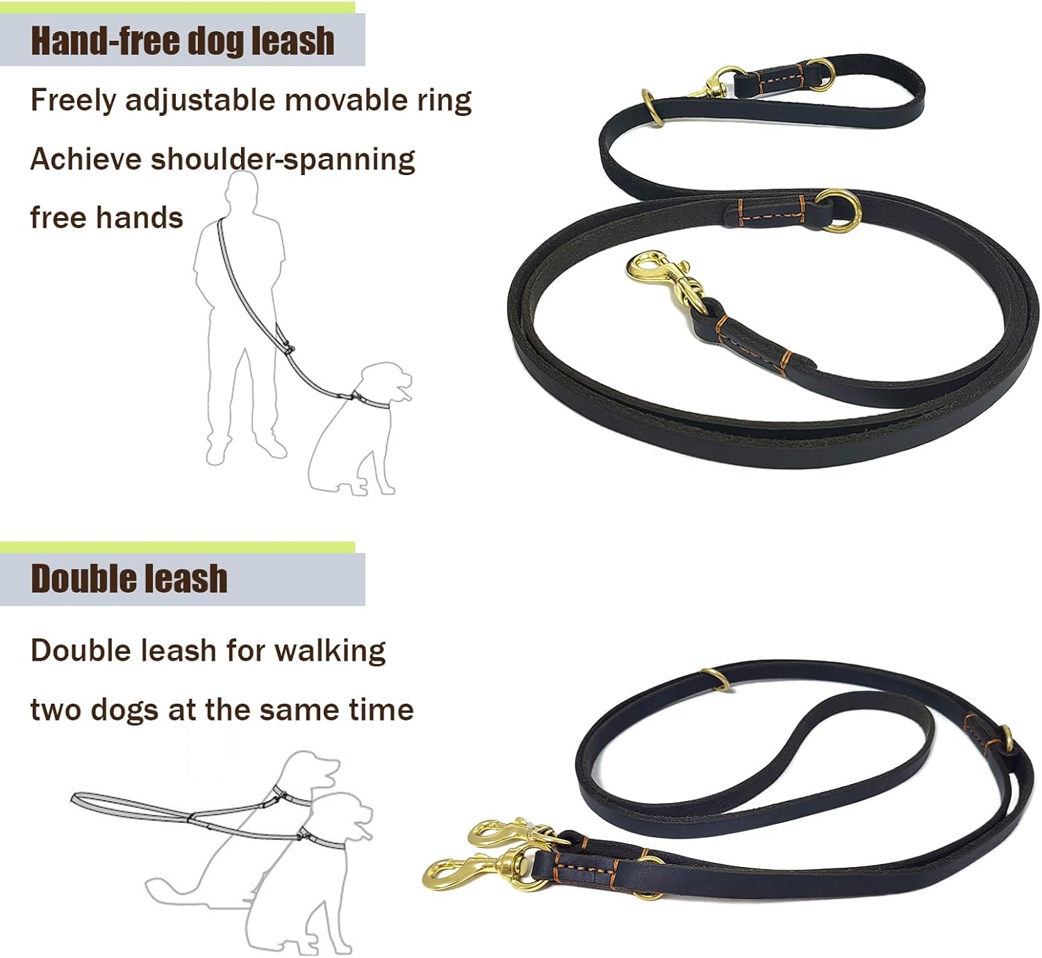 LWBMG Multi Function Leather Dog Leash - 8ft Hands Free Double Ended Training Leash for Medium Large Dogs - Black