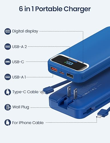 Miniatura 2 de 12000mAh Lightweight-Portable-Charger-Power-Bank with Built-in Cables and AC Wall Plug, PD20W USB-C Fast Charging Battery Pack, LED Display External