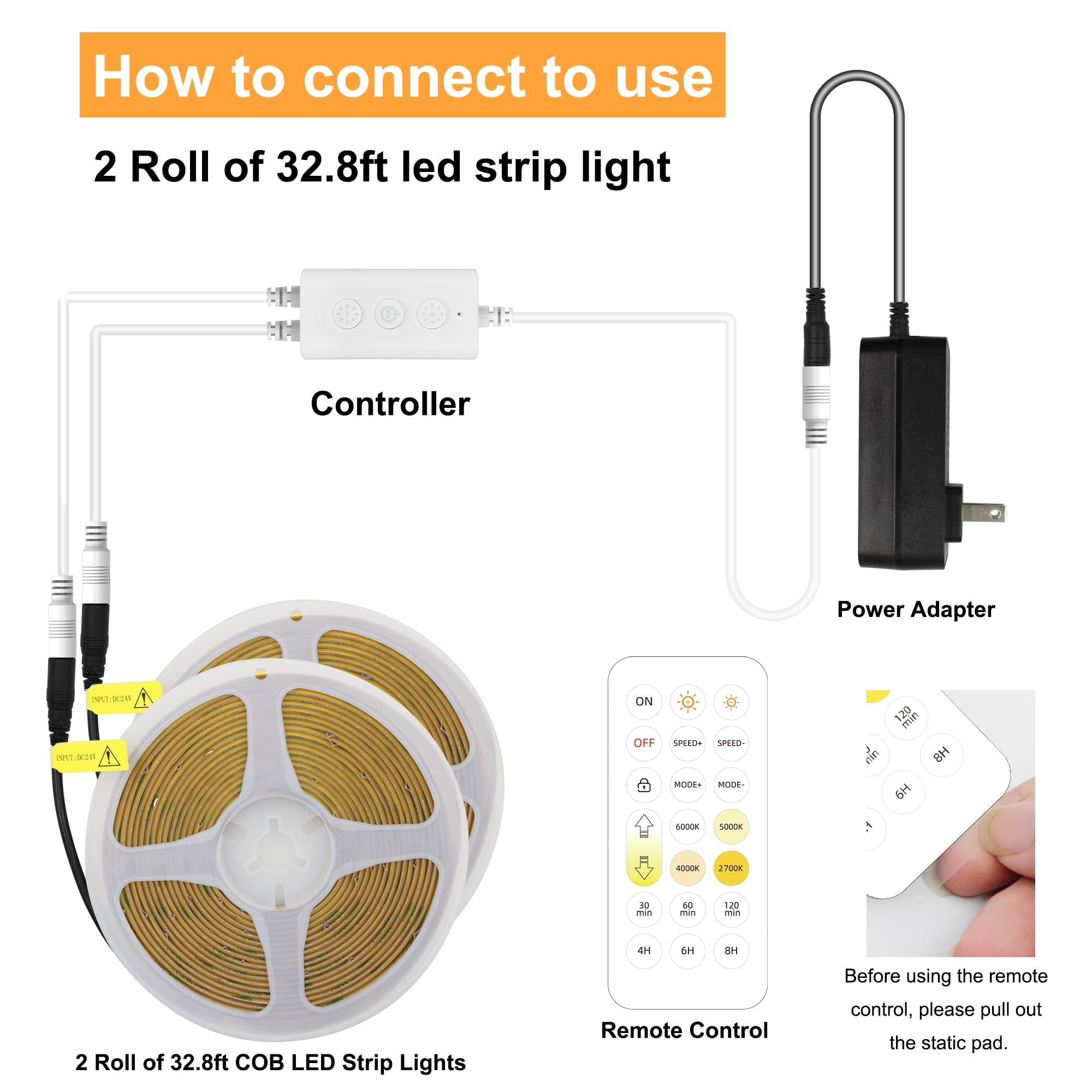 Tira de luces LED 20 m CCT, Bluetooth CCT COB LED tira con aplicación y mando a distancia, sincronización de música, regulable 2700 K-6500 K, cinta de luz de cambio de color, autoadhesiva, iluminación