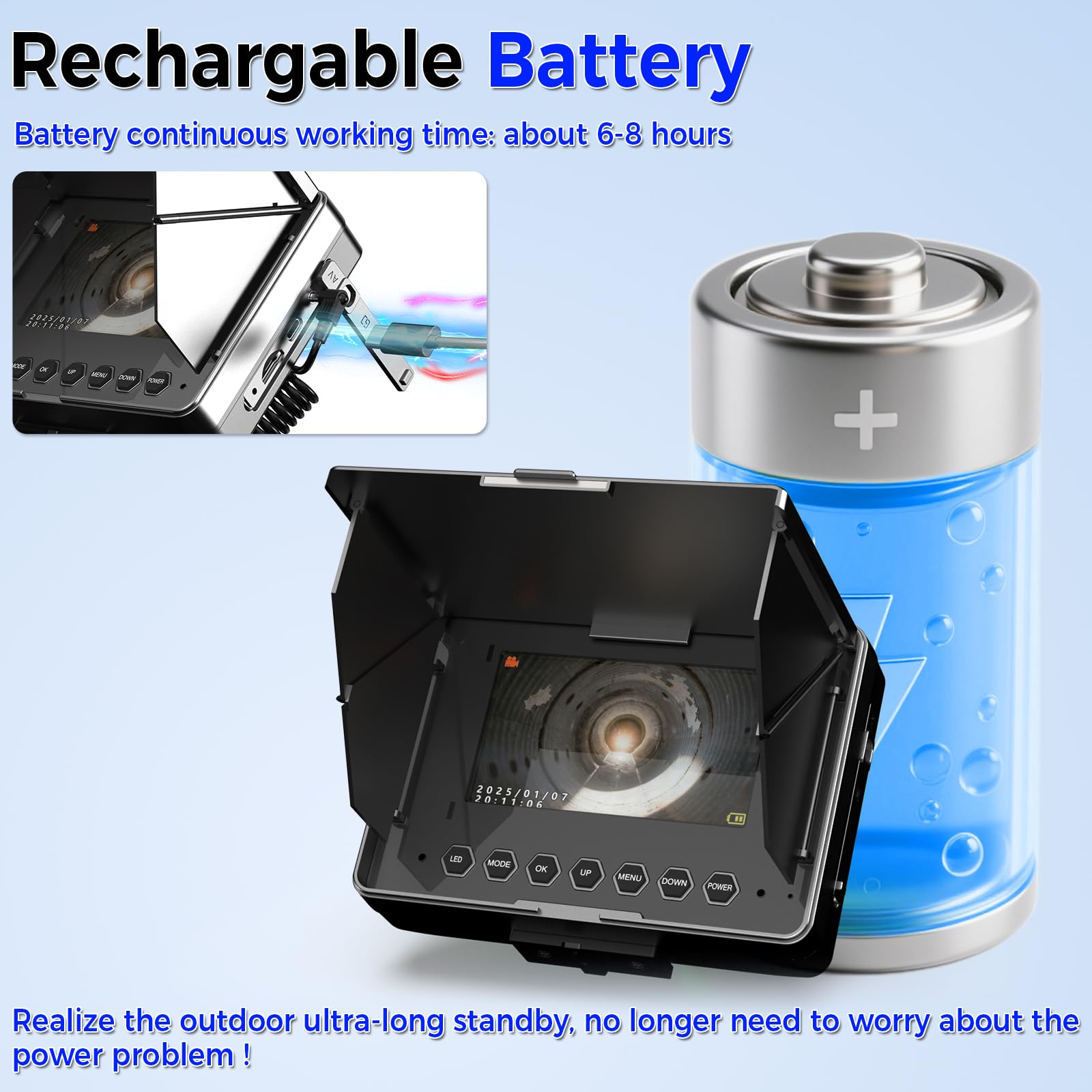 Telecamera di Ispezione 10m con DVR, Telecamera per Ispezione Tubi Fognature con Registratore Audio, Batteria da 8500mAh, 12 Luci Led Regolabili, Scheda da 32GB inclusa