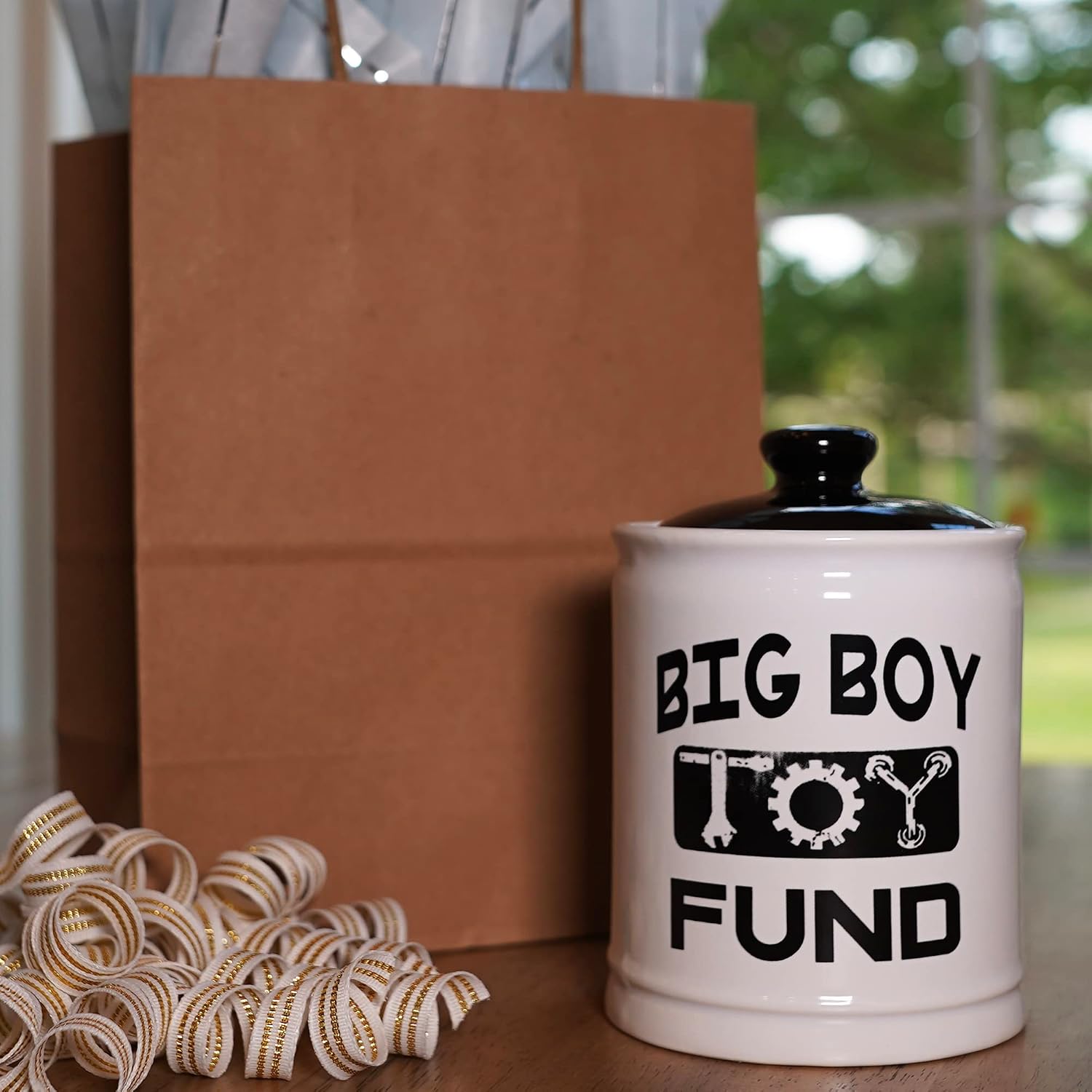 Cottage Creek Jars - 6" Ceramic Big Boy Toy Fund Piggy Bank, Money Jar for Office and Home Decor, Gifts for Dad, Teen Boys & Friends, Savings Jar for Boys
