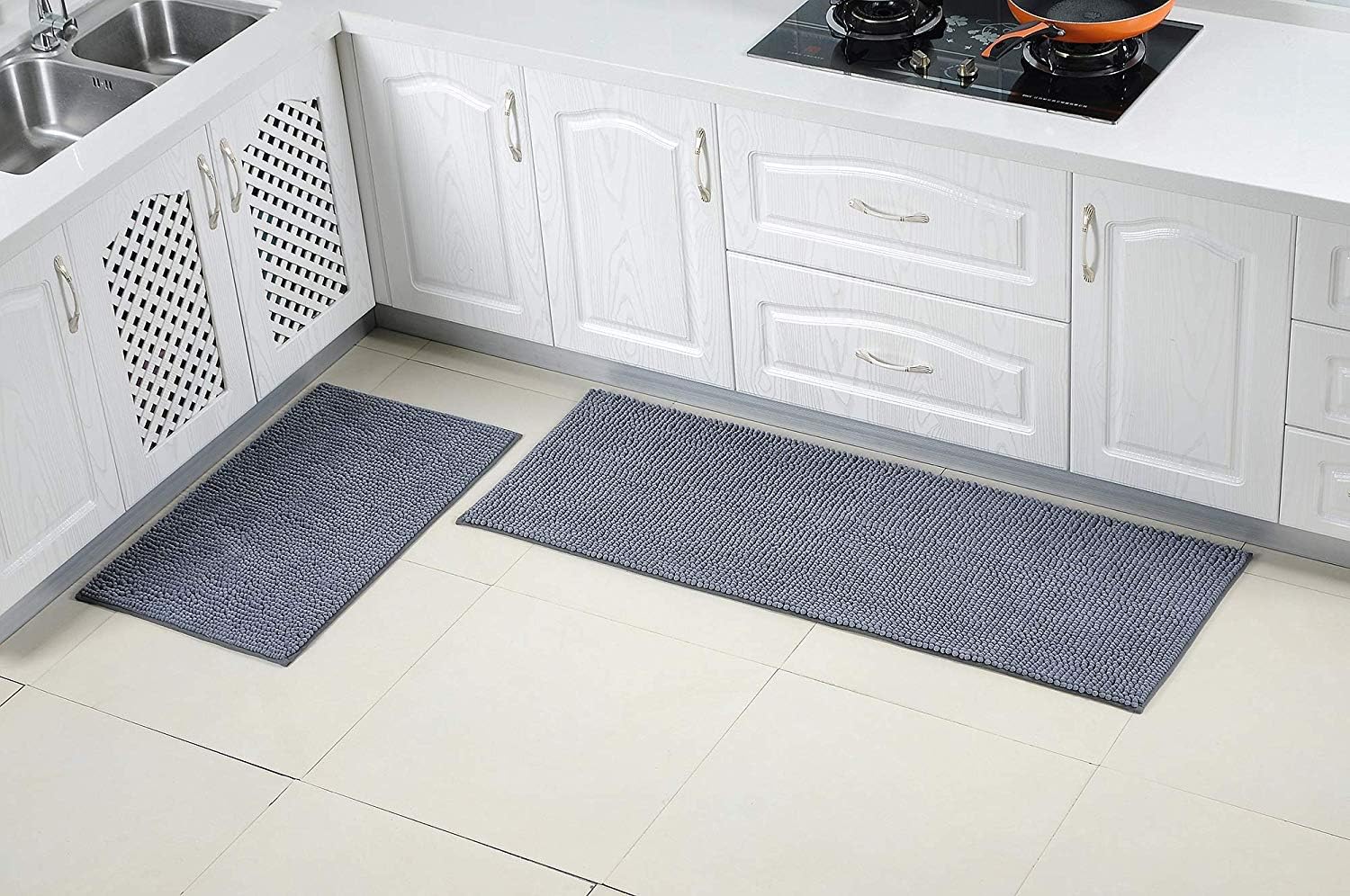 Dricar Bath Mat, 2 Piece Chenille Rug for Kitchen, Non Slip Washable Thick Warm Long Floor Mats for Kitchen Bathroom Living Room Doormat (20 × 31.5in + 20 × 55 in, Grey)