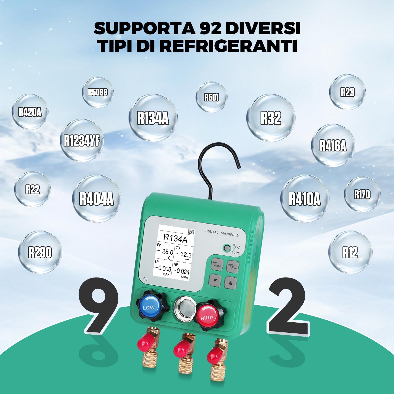 KAISAL Digitale Manometro Condizionatori Display LCD Kit Ricarica Aria Condizionata Auto Adatto alla carica di 92 refrigeranti Manifold Gauge Kit per R134A R410A R32 Refrigerante