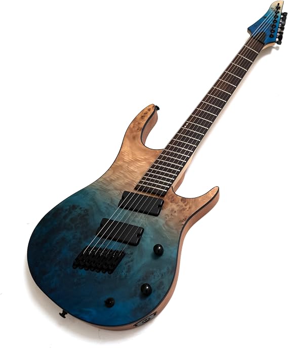 Upgrade 7-String Electric Guitar 25.5–27 – Fanned Fret Solid Body with Stainless Steel Extra Jumbo Frets, Roasted-Style 5-Piece Neck, Ocean Fade Poplar Burl Top, High-Output Ceramic Pickups