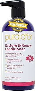 PURA D'OR Restore & Renew Conditioner (16oz) with Coconut Oil, Seaberry Oil, Aloe Vera, Glycerin, Geranium Oil, Lime Oil, & Cedarwood Oil for Nourishing, Detangling, Moisturizing, and Enhancing Shine