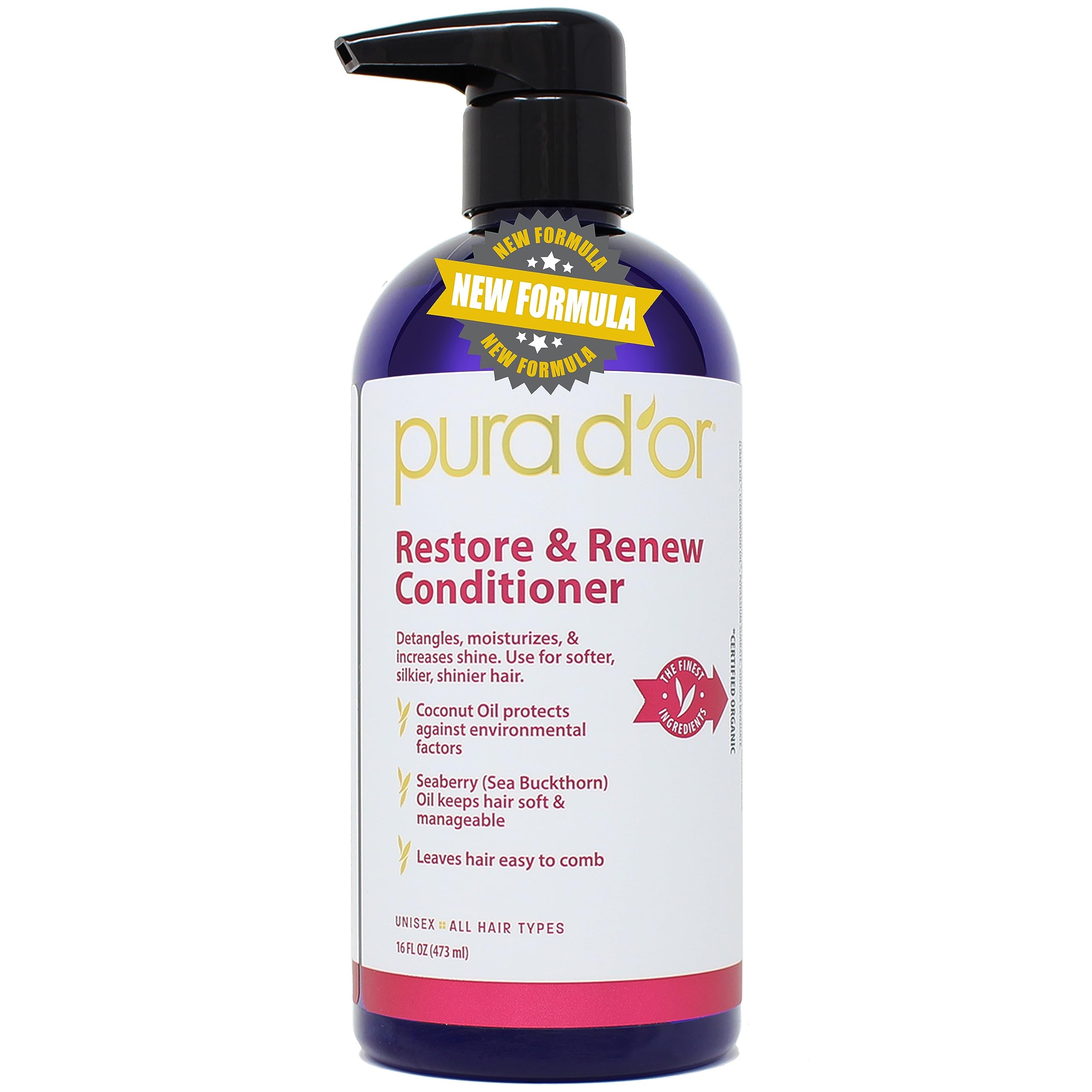 PURA D'OR Restore & Renew Conditioner (16oz) with Coconut Oil, Seaberry Oil, Aloe Vera, Glycerin, Geranium Oil, Lime Oil, & Cedarwood Oil for Nourishing, Detangling, Moisturizing, and Enhancing Shine