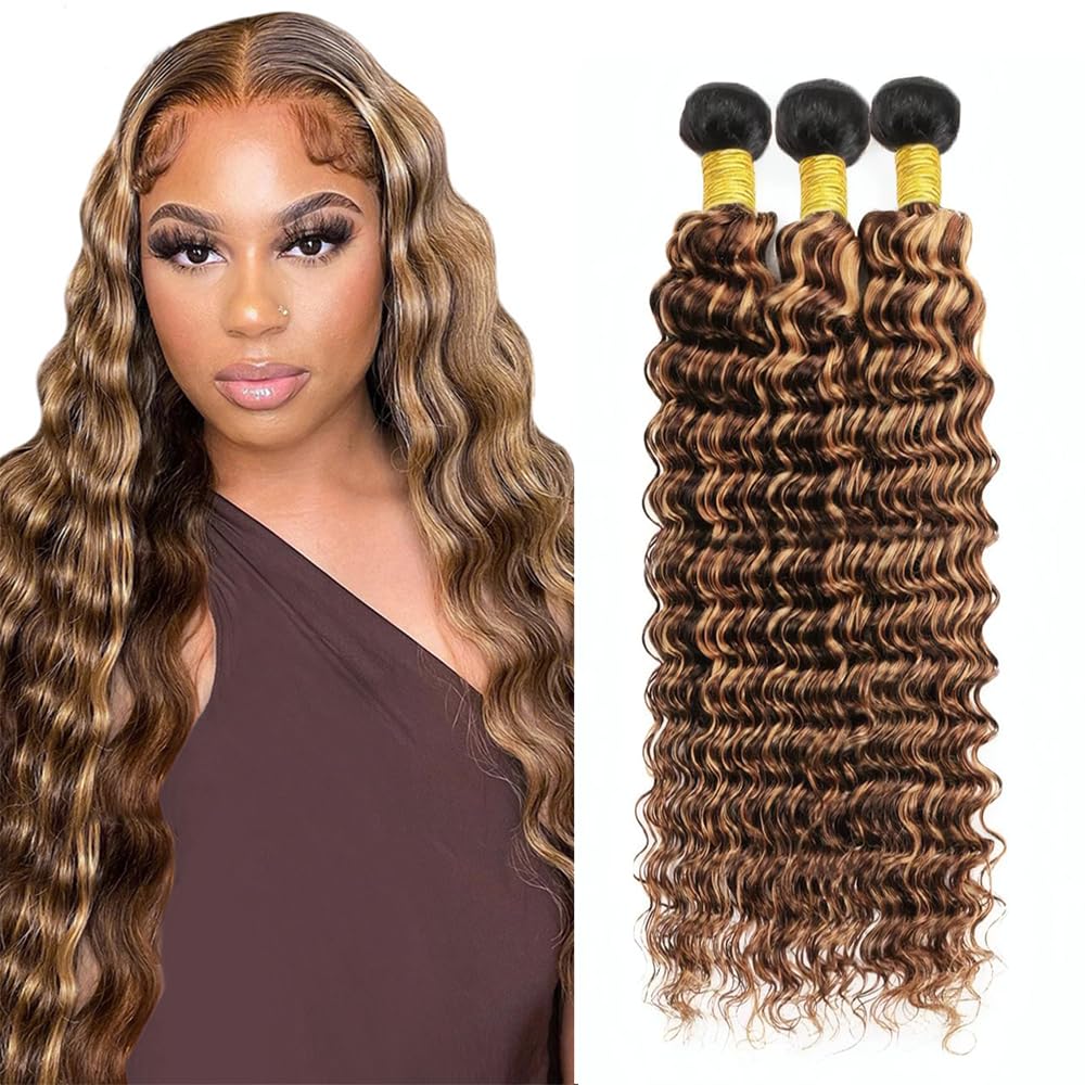 Hxxcoup P4/27 Highlight Blonde Color 26 28 30 Inch Deep Wave Human Hair Bundles Double Weft Weave Unprocessed Human Hair Extensions For Woman 3 Bundles Total 300g