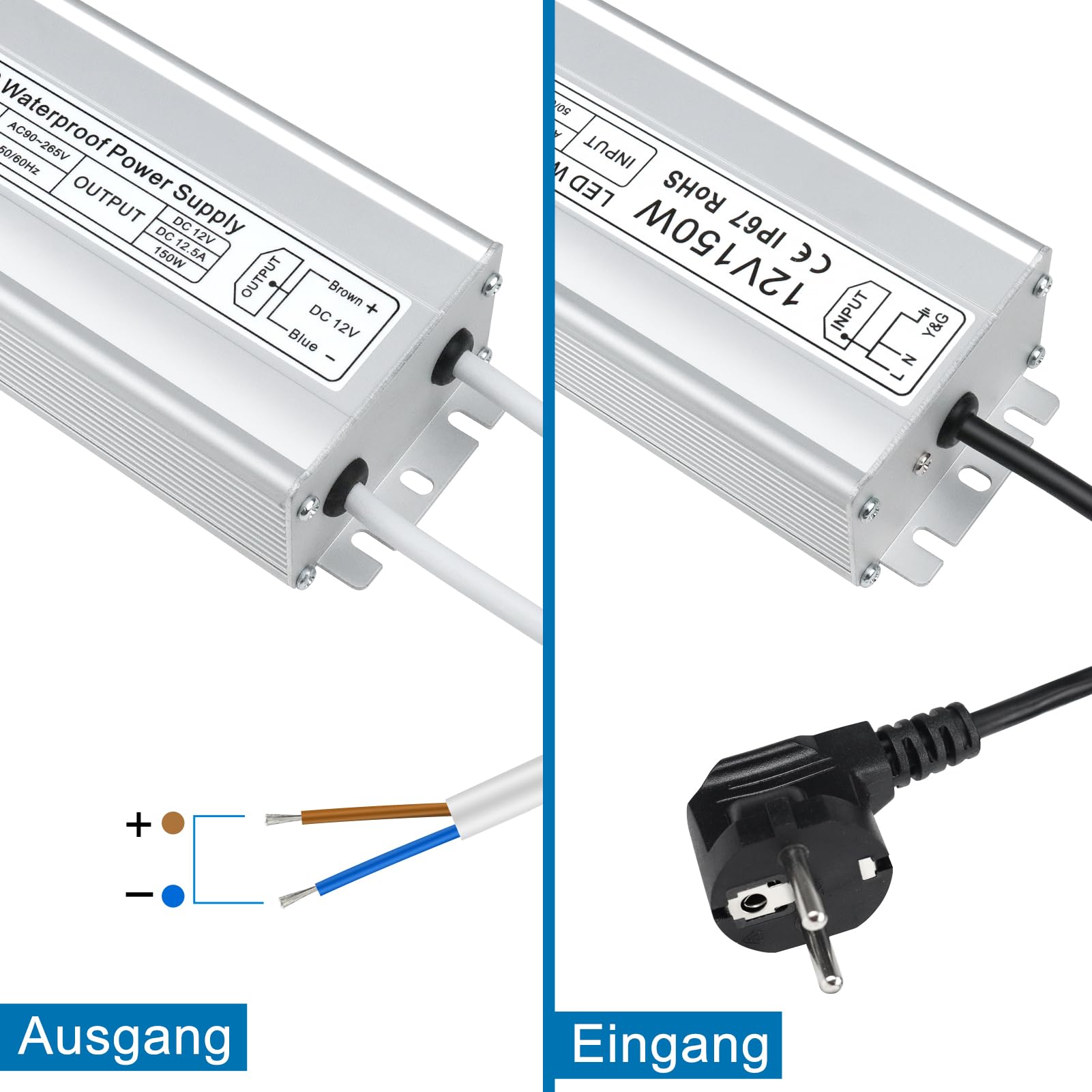 inShareplus Transformador LED 12 V 12,5 A 150 W IP67 impermeable para exteriores, CA 90-265 V a DC 12 V, transformador de bajo voltaje, fuente de alimentación de 12 V para luz LED, proyecto de
