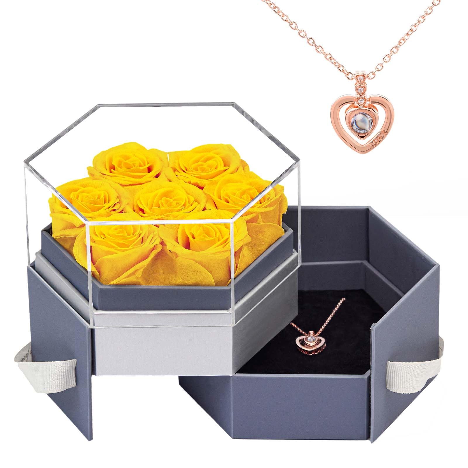 Beaulasting Roses Preserved Flowers for Delivery Prime 7-Piece Eternal Roses Gift Box with Necklace Gift for Her Mothers Day Valentines Day Anniversary Birthday (Hexagon Haze Blue Box, Yellow Roses)