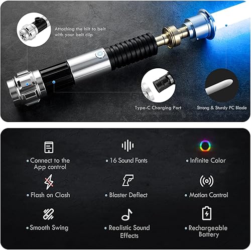 Miniatura 14 de DAMIENSABER Sable de luz de duelo con control de movimiento suave RGB3.0, 16 fuentes de sonido, sable de luz Luke con 16 RGB sólido e infinito