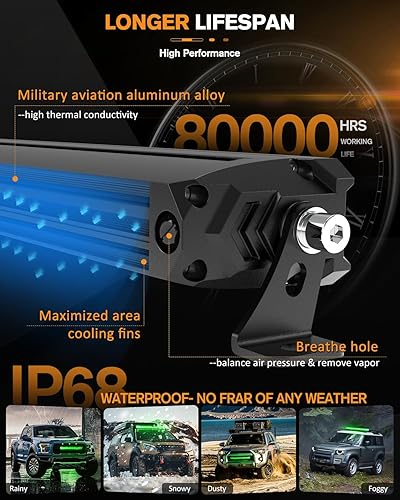 Miniatura 4 de Barra de luz LED sin remaches de 20 pulgadas con DRL verde, luz de conducción todoterreno, hasta 15,000 lúmenes, luz blanca de 6000 K, 1500 pies de