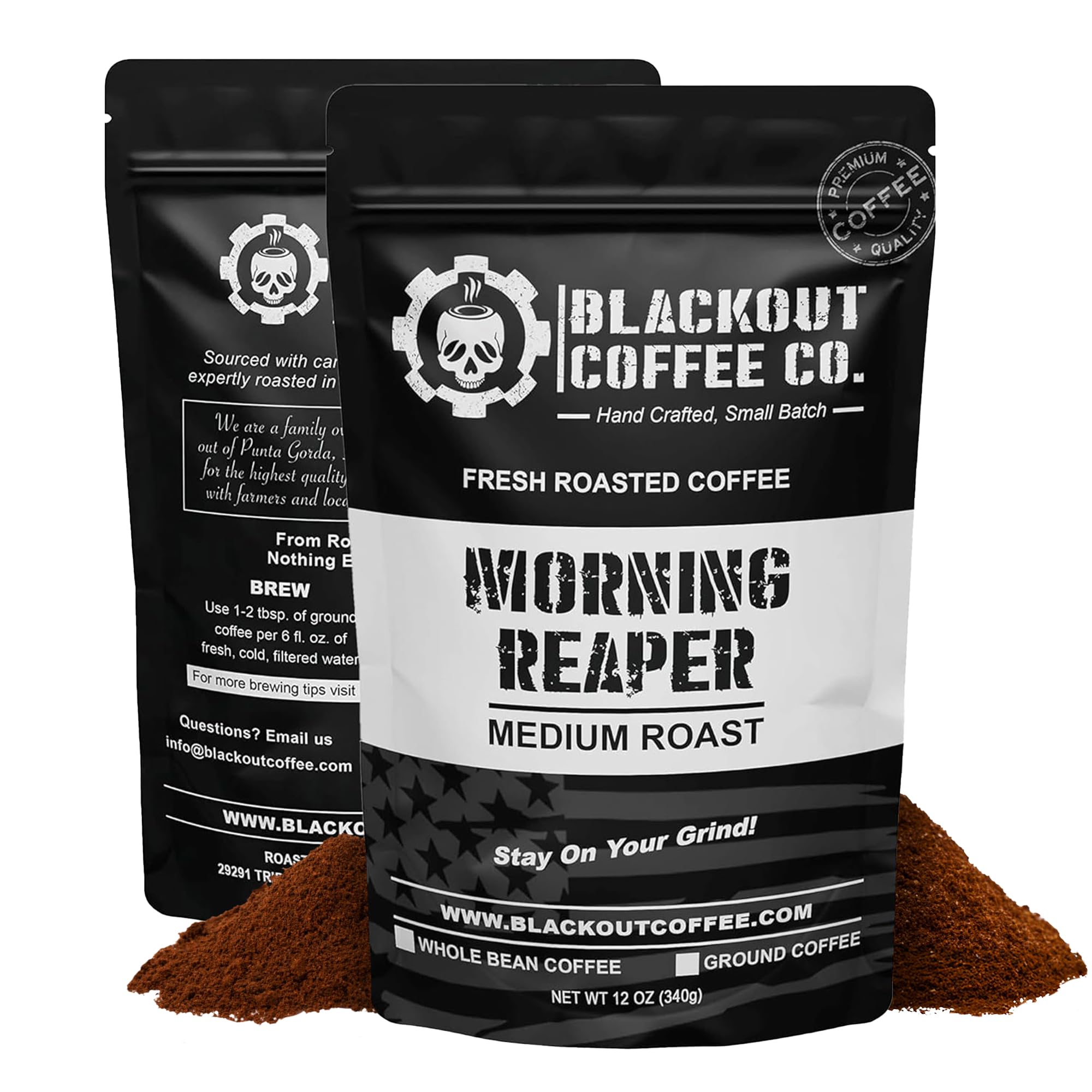 Blackout Coffee Morning Reaper Ground Coffee – Medium Roast, Bold & Strong Flavor – Freshly Roasted 12oz Bag.
