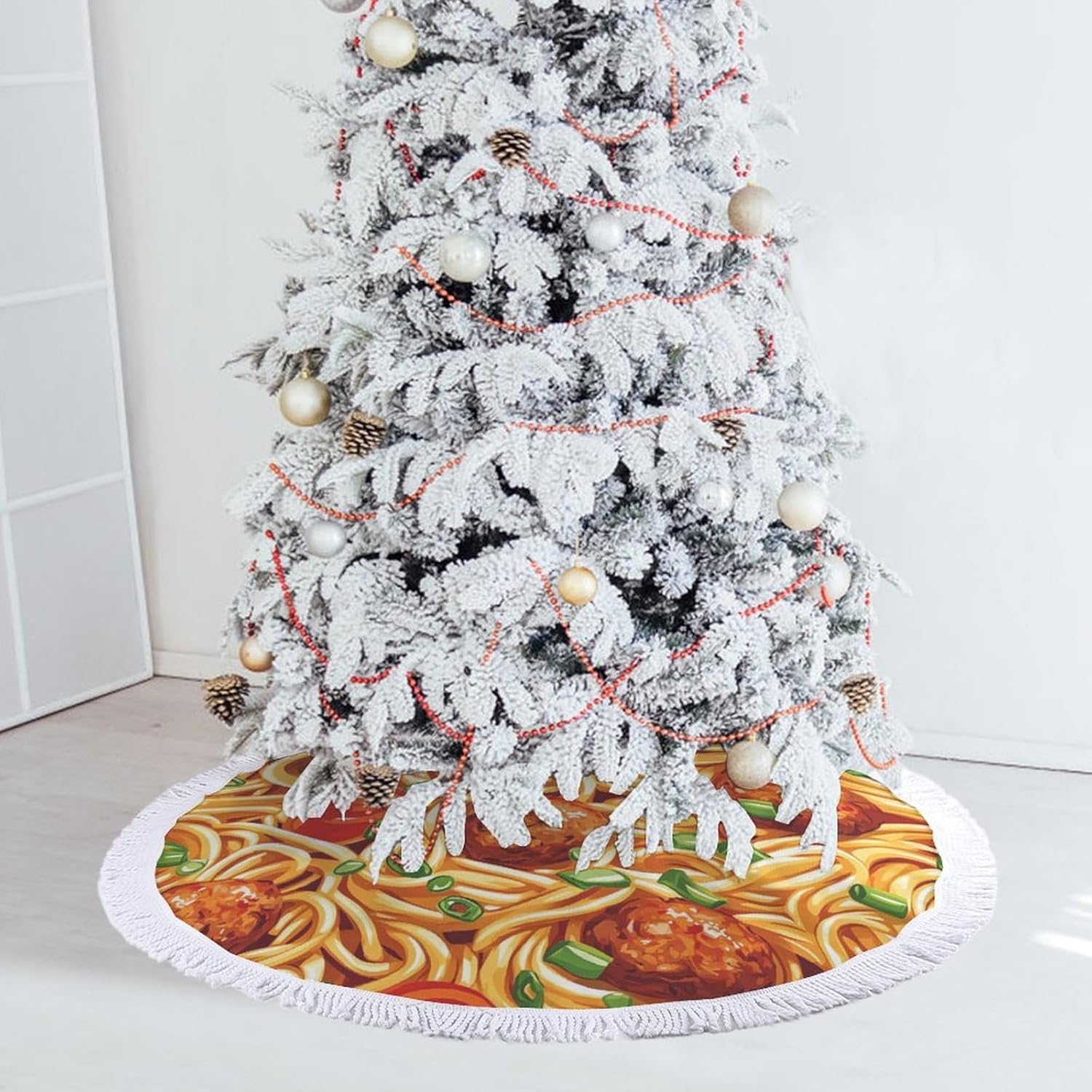Italian Spaghetti Food Print Pasta Christmas Tree Skirt Round Xmas Tree Mat Ornaments Tree Skirts with Tassels for Holiday Party