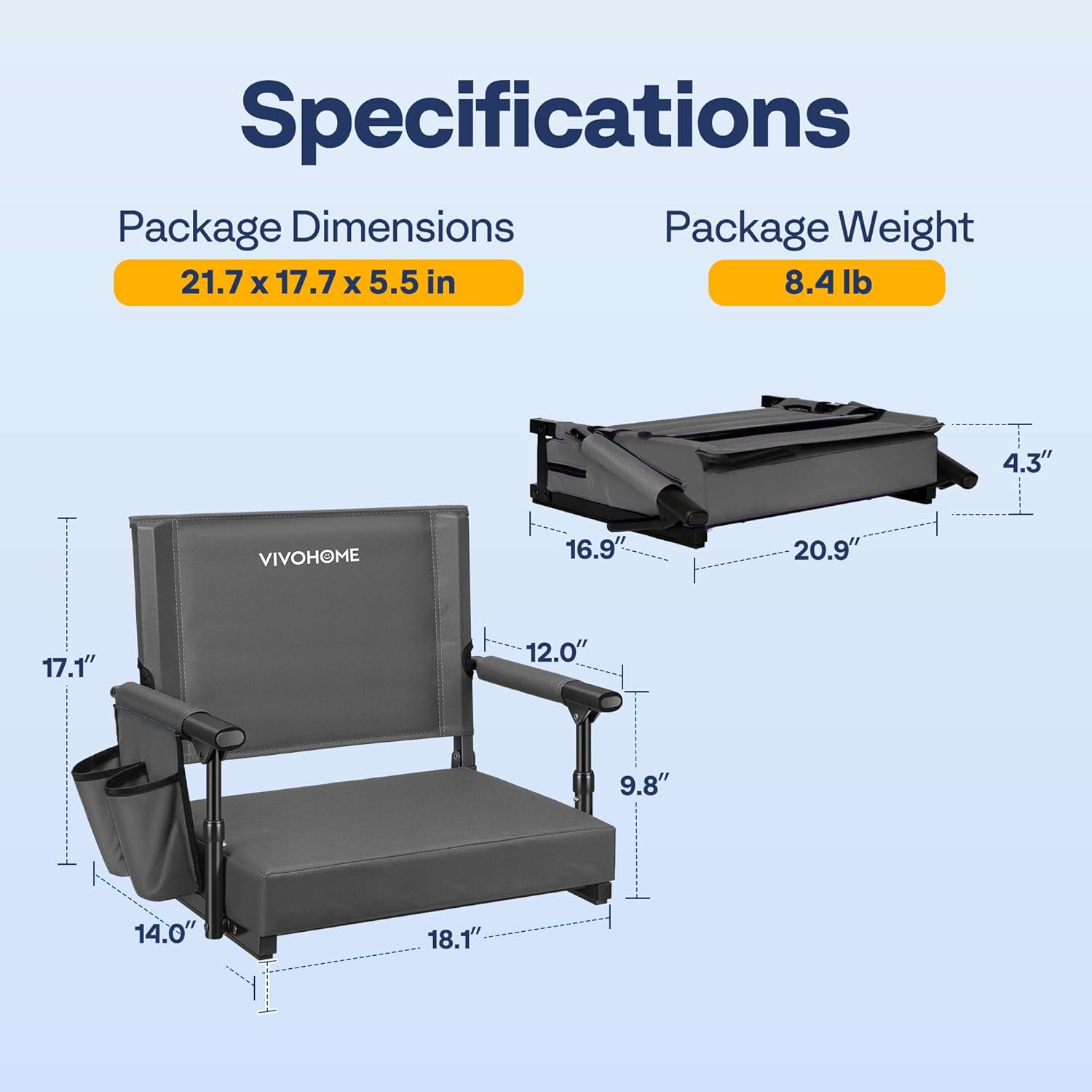 VIVOHOME Stadium Seat with Back Support and Cushion, Portable Bleacher Chair with Cup Holder and Shoulder Strap, Comfortable for Various Sports Events, Gray