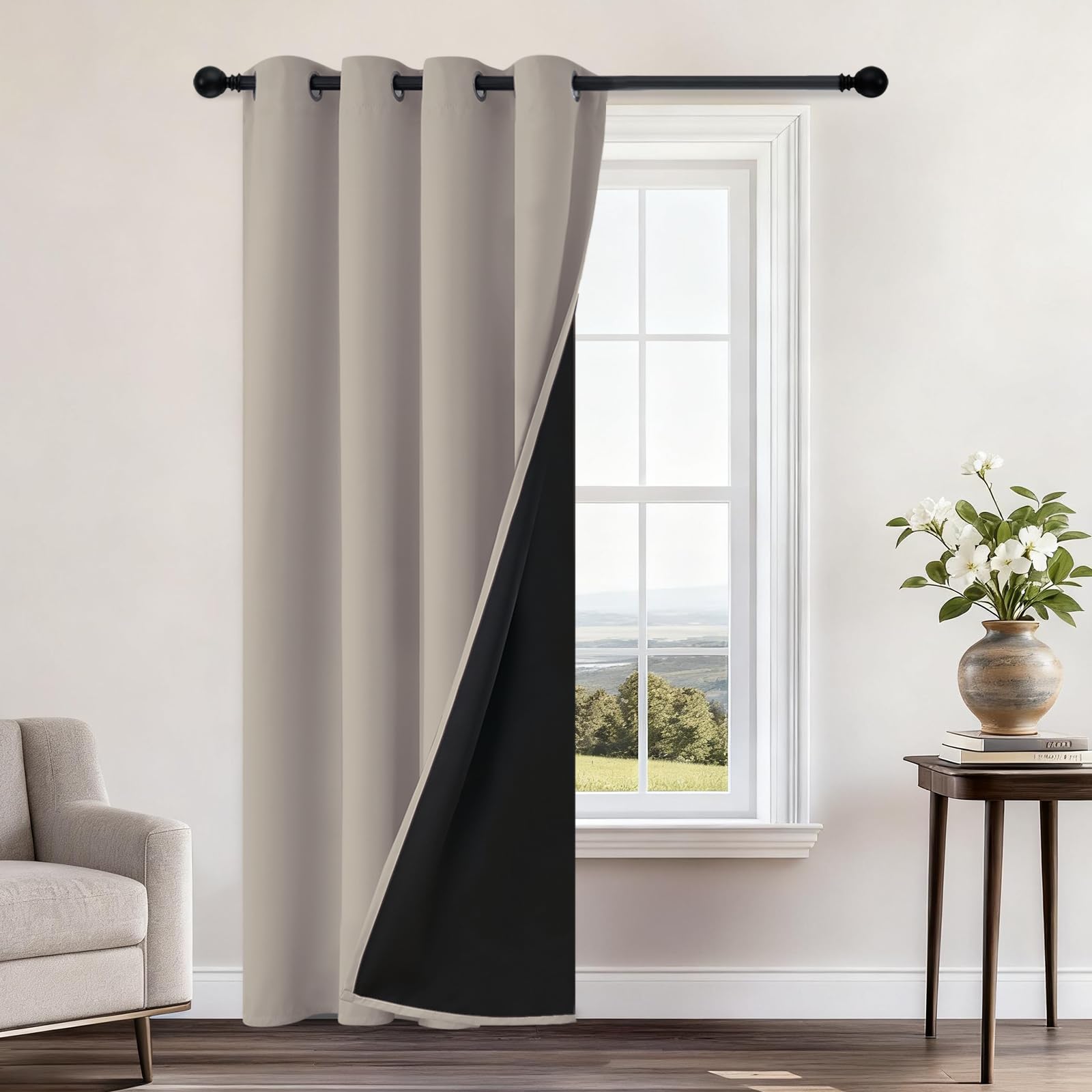 Yakamok 100% Blackout Curtains 96 Inches Long, 2 Thick Layers Heat and Full Light Blocking Soft Thermal Insulated Drapes for Bedroom(52" Wide Each Panel, Natural, 1 Panel) โ image 1
