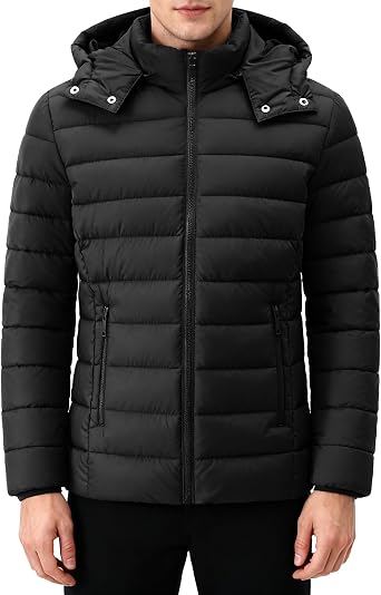 Mens Quilted Down Coat Puffer Jacket | Lightweight, Waterproof, Windproof, Detachable Hood, Warm for Winter Travel
