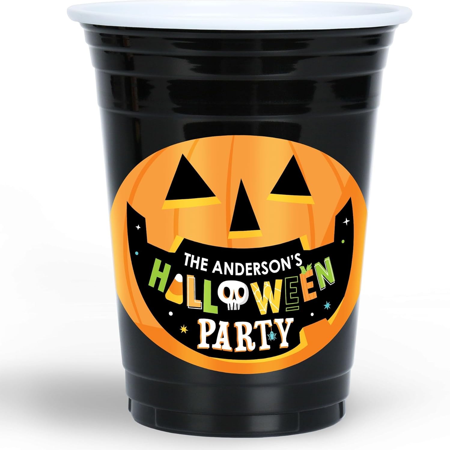 Big Dot of Happiness Custom Jack-O'-Lantern Halloween Cups, 16oz Disposable Drinkware, Kids Halloween Party Table Decor, Custom Party Cups (Black) & Personalized Stickers - 16 Pack