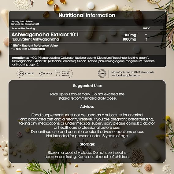 GN Ashwagandha | 365 Ashwagandha High Strength Tablets - 1000mg Ashwaganda Extract (10:1) per Serving | Ashwaganda Root Tablets | Non-GMO, Gluten & Allergen Free | Made in The UK