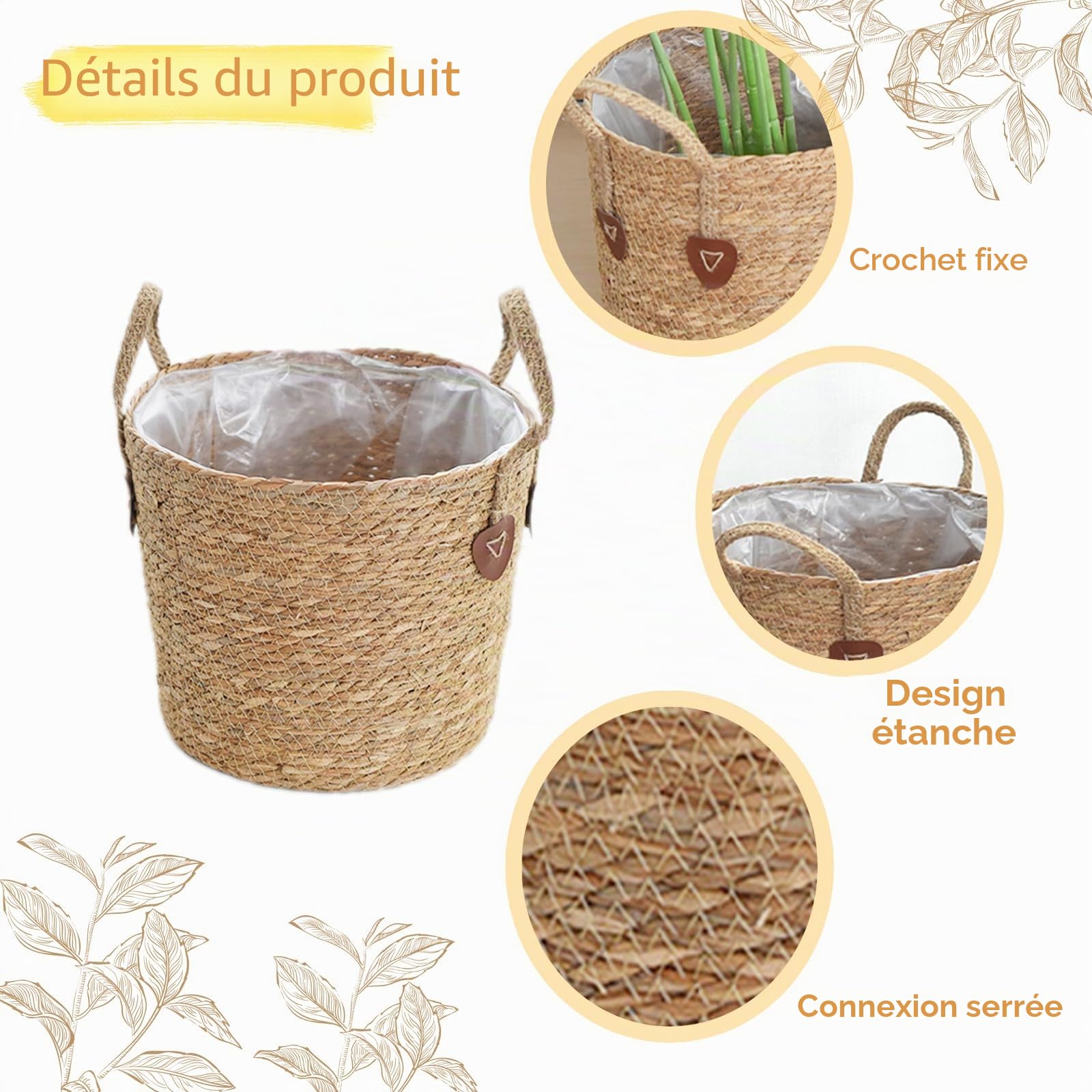 Pot de fleurs en osier tressé avec anse, panier de rangement pour jouets, panier de rangement avec poignée, fait à la main (L)