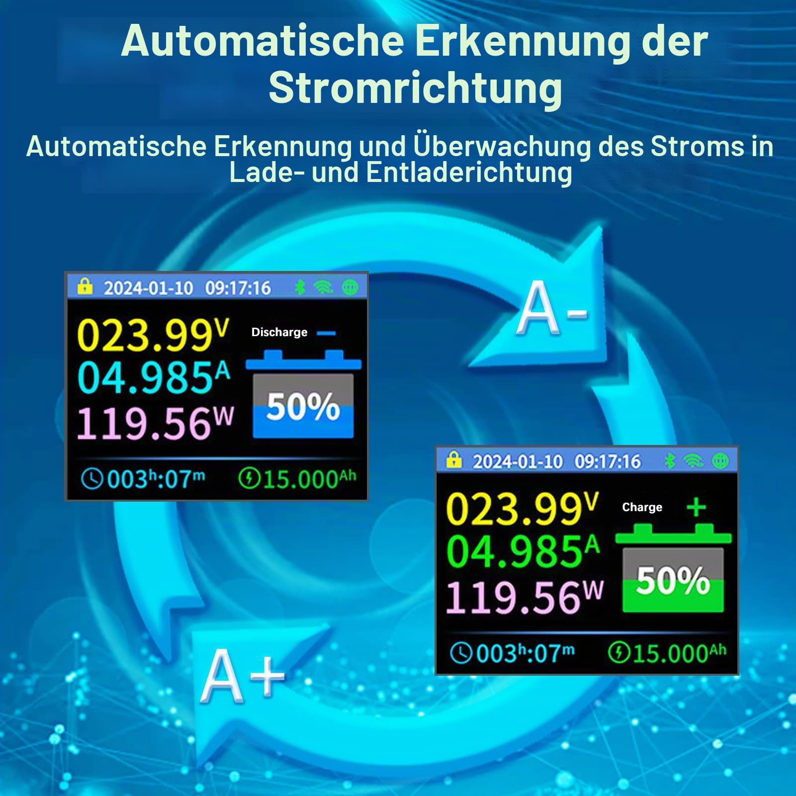 Batterie Monitor, Batteriewächter 12V 24V 36V 48V 72V Batterie Überwachung App Fernbedienung Farbdisplay mit Alarm Battery Guard 100A 10-100V für Wohnwagen Solaranlage