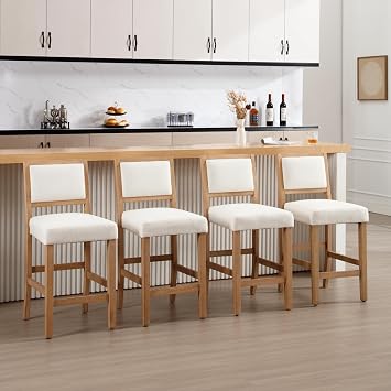 26" Counter Height Bar Stools Set of 4 Farmhouse Upholstered Counter Stools Solid Wood Bar Chairs for Kitchen Island/Pub/CafeLinen Beige,Natural Brush