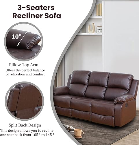 Miniatura 3 de Plithzy Juego de sofá reclinable de 2 piezas de cuero regenerado, muebles de sala de estar para oficina en casa (sofá y sofá biplaza, marrón,