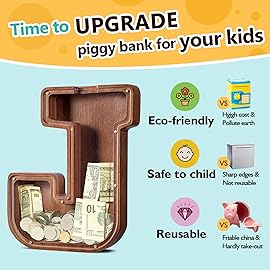 Summidate Large Wooden Piggy Bank for Kids Adults, Letter J Money Bank for Boys Girls, Personalized Initial Alphabet Bank for Coins Bills Change, Birthday and Decor