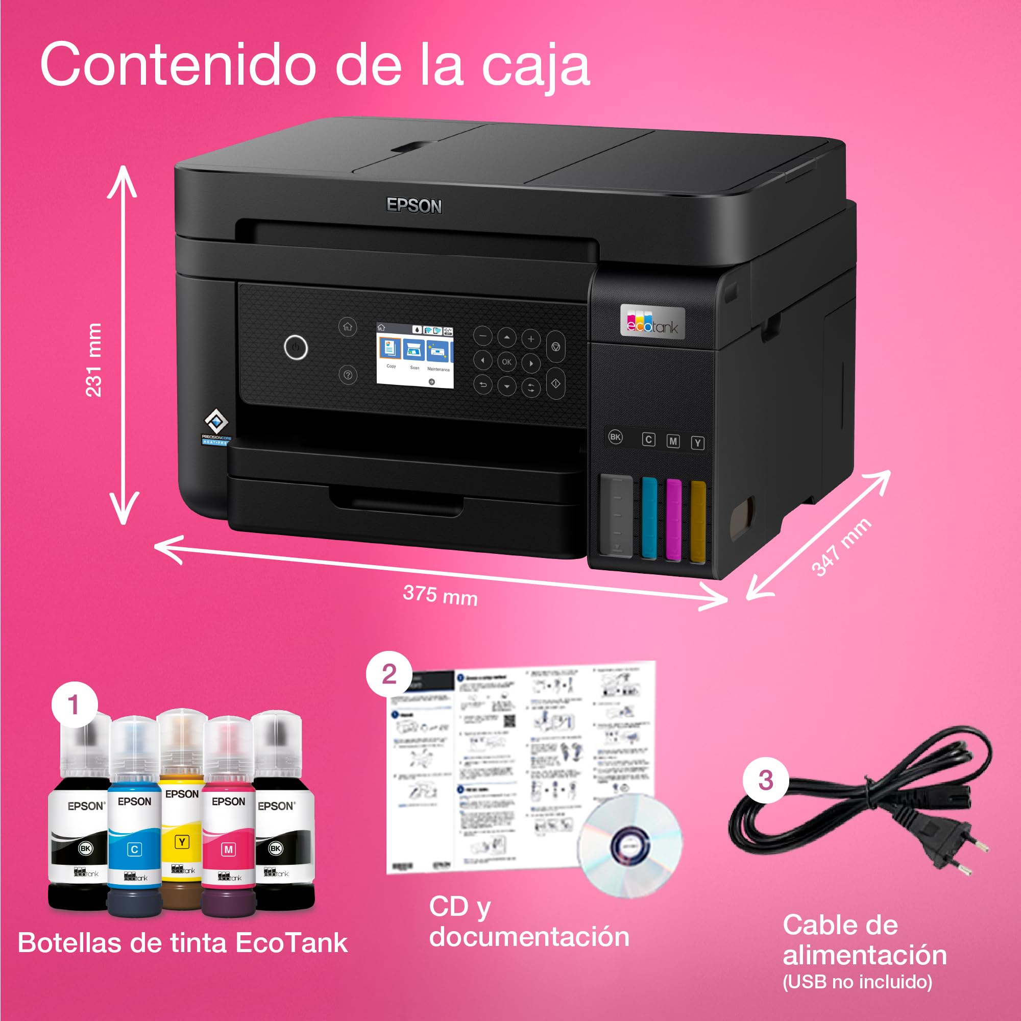 Epson EcoTank ET-3850 Stampante Multifunzione A4, Serbatoi Ricaricabili Alta Capacità, 5 Flaconi Inclusi pari a 14000pag B/N 5200pag Colore, Display LCD, Wi-Fi/Direct