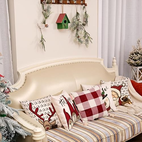 Miniatura 5 de GEEORY GA313-16 - Juego de 4 fundas de almohada decorativas de Navidad de 16 x 16 pulgadas, gnomos, Papá Noel, ciervo, muñeco de nieve, invierno,