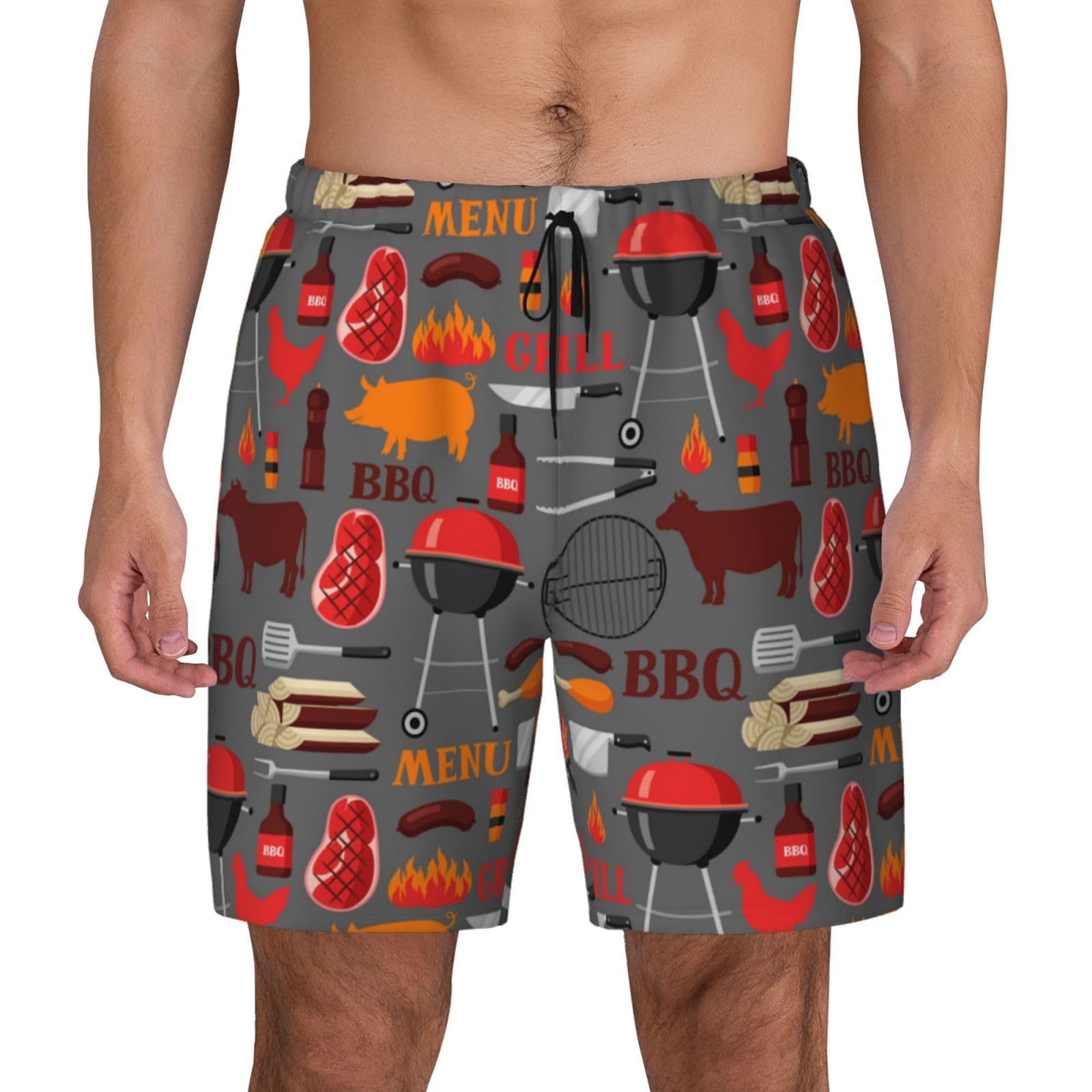 Buewutiry BBQ Icons Funny Men's Swim Trunks Board Shorts Quick Dry-Medium Black