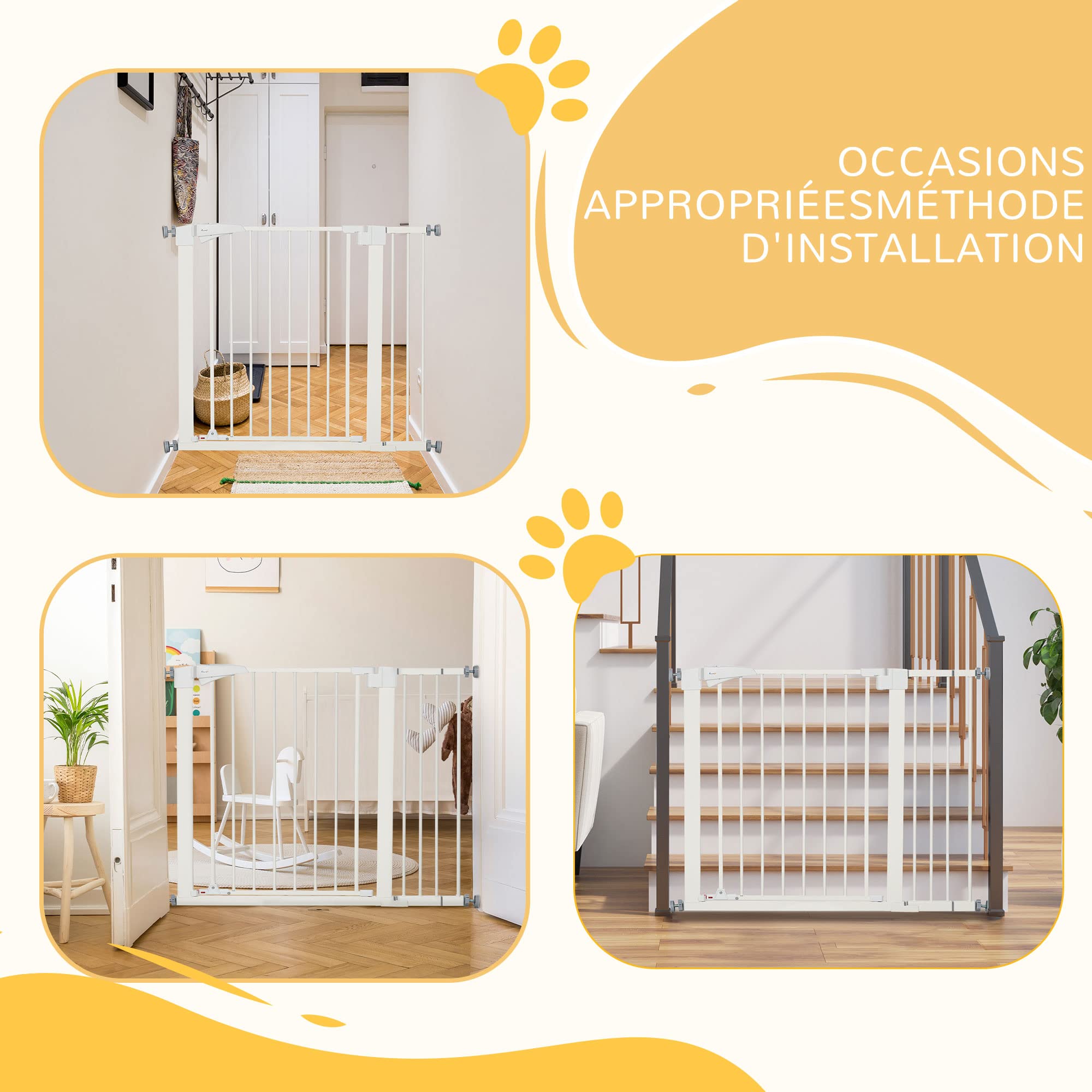 PawHut Barrière de sécurité pour Chien Extensible, Largeur 76-103 cm, sans perçage avec Fermeture Automatique et Double Verrouillage, Hauteur 77 cm pour escaliers, couloirs, Blanc