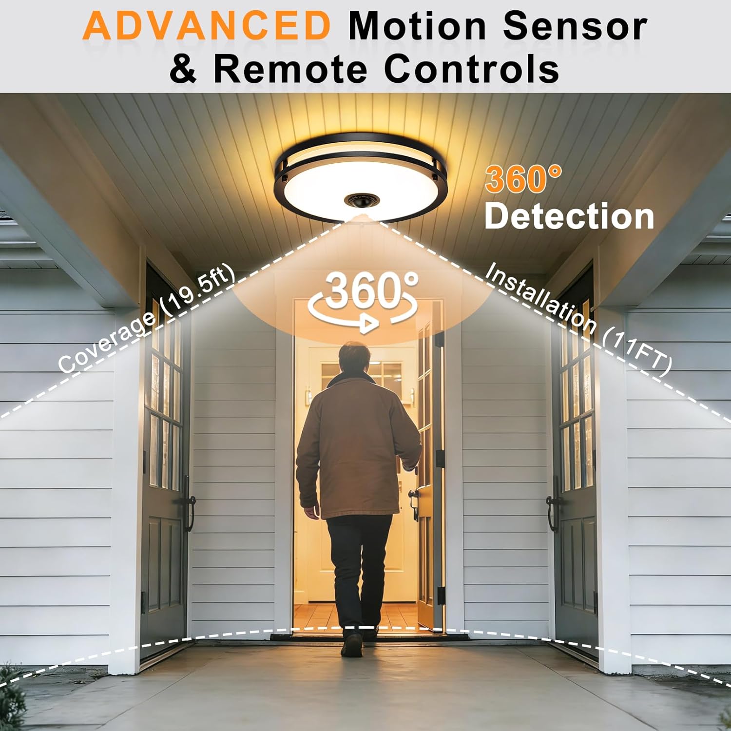 Motion Sensor Outdoor Ceiling Light with Remote, 24W Dimmable 2700K/3000K/3500K/4000K/5000K Flush Mount Porch Light, 12" Dusk to Dawn Exterior Lighting Fixtures for Patio, Porch, Entryway