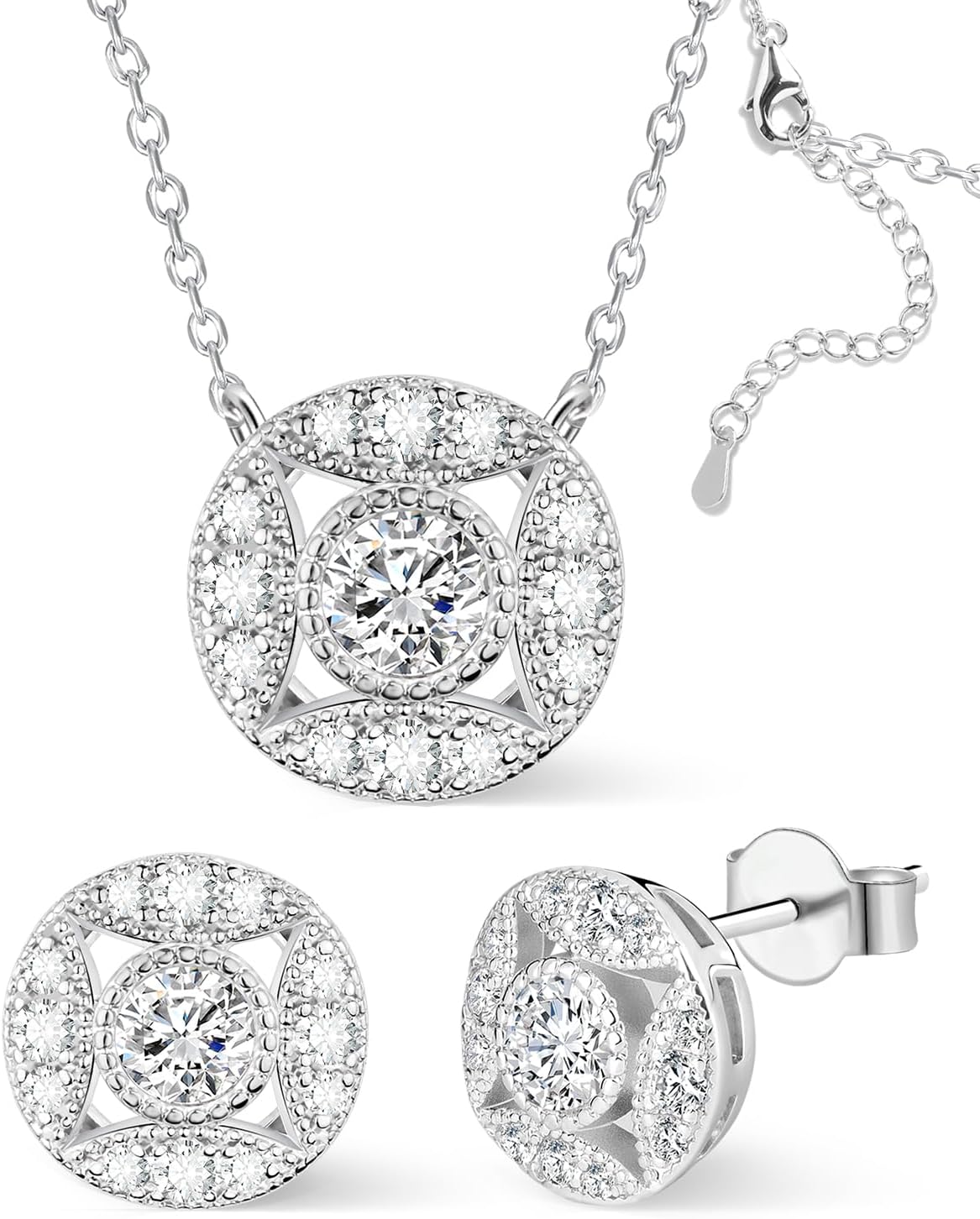 Vintage Cubic Zirconia Necklace Earring Set for Women in White Gold Plated, Round Paved Simulated Diamond Pendant Necklace & Cross Star Earrings Studs, Dainty Cz Jewelry Set for Women