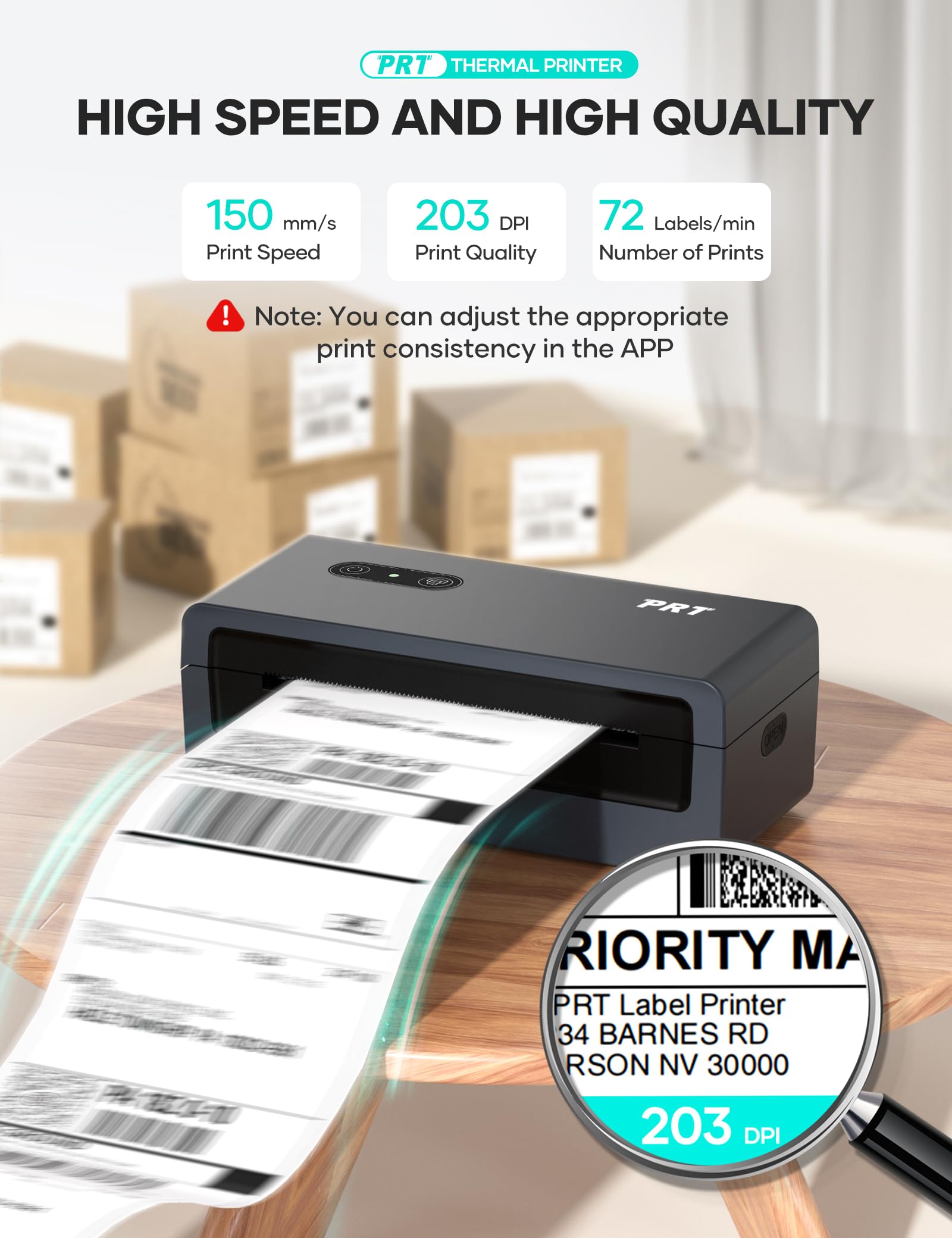 prt Bluetooth Etikettendrucker, N43BT DHL Thermodrucker, 4x6 Versandetiketten Ettikettendrucķer, Label Printer für iOS, Android, Windows und Mac, für DHL, FedEx, USPS, Shopify(Schwarz)
