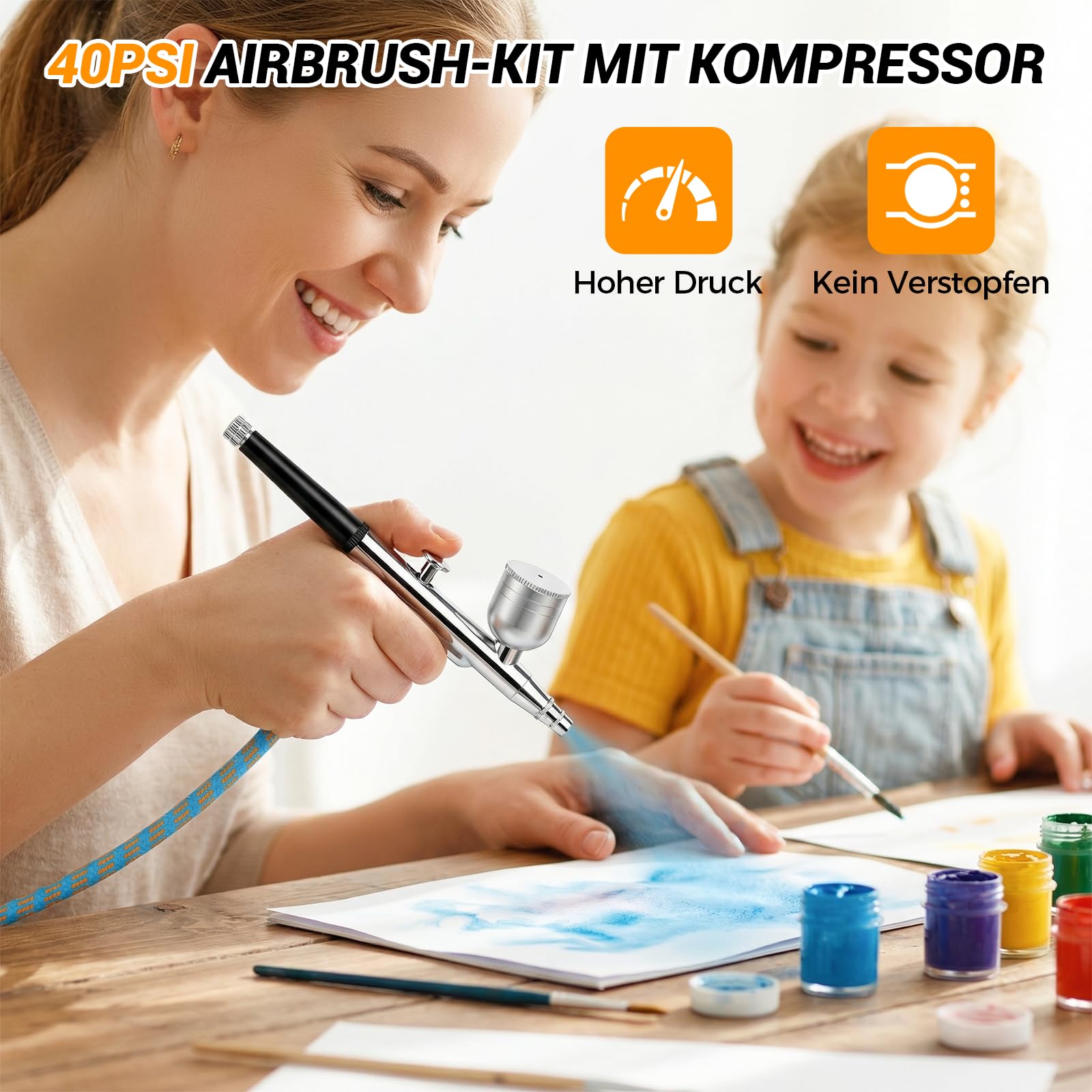 Airbrush Set mit Kompressor 40 PSI Double Action 3 Düsengrößen 0,2/0,3/0,5 mm für Modellbau