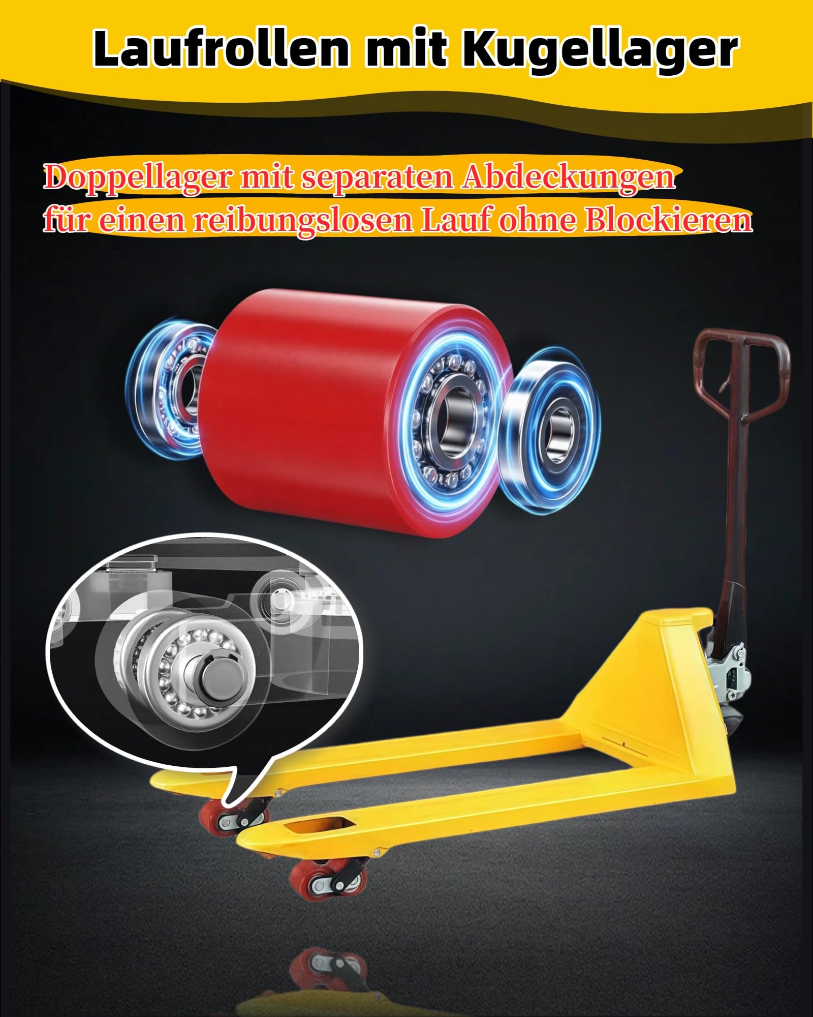AmoreTempo【80 x 70 mm】4 Stück Hubwagenrollen Polyurethan PU Laufrolle Räder mit Achse 20 mm Inkl Kugellager Rollen Gabelhubwagenrolle Lastrolle für Hubwagen Ersatzrollen, Max. Belastung 600 KG Rot