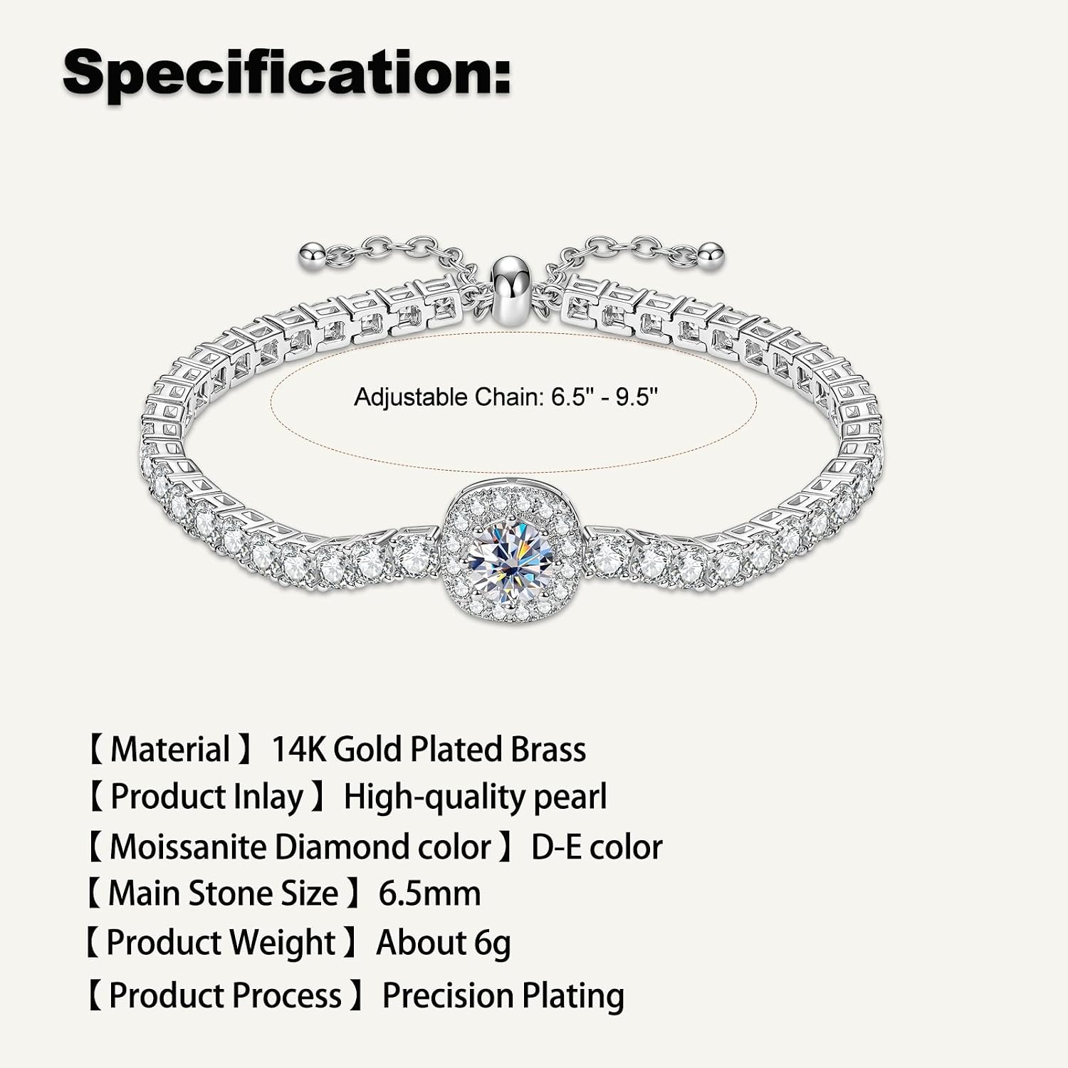 1CT Moissanite Tennis Bracelet, D Color VVS1 14K Gold Plated Square Sugar Bracelet Adjustable Chain for Women Birthday Jewelry Gifts