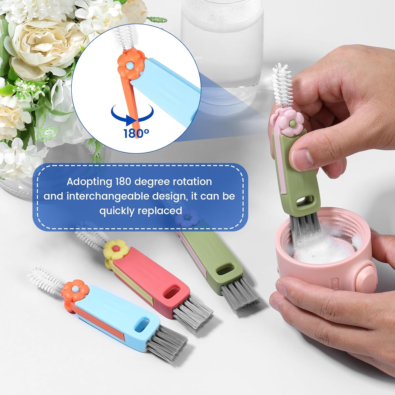 24PC 3 in 1 Cup Lid Cleaning Brush, 180° Rotatable Bottle Brush Gap Cleaner, Multifunctional Crevice Cleaning Brush Set for Baby Bottle, Water Bottle, Tumbler & Kitchen Mugs, 24 Pack Hangable