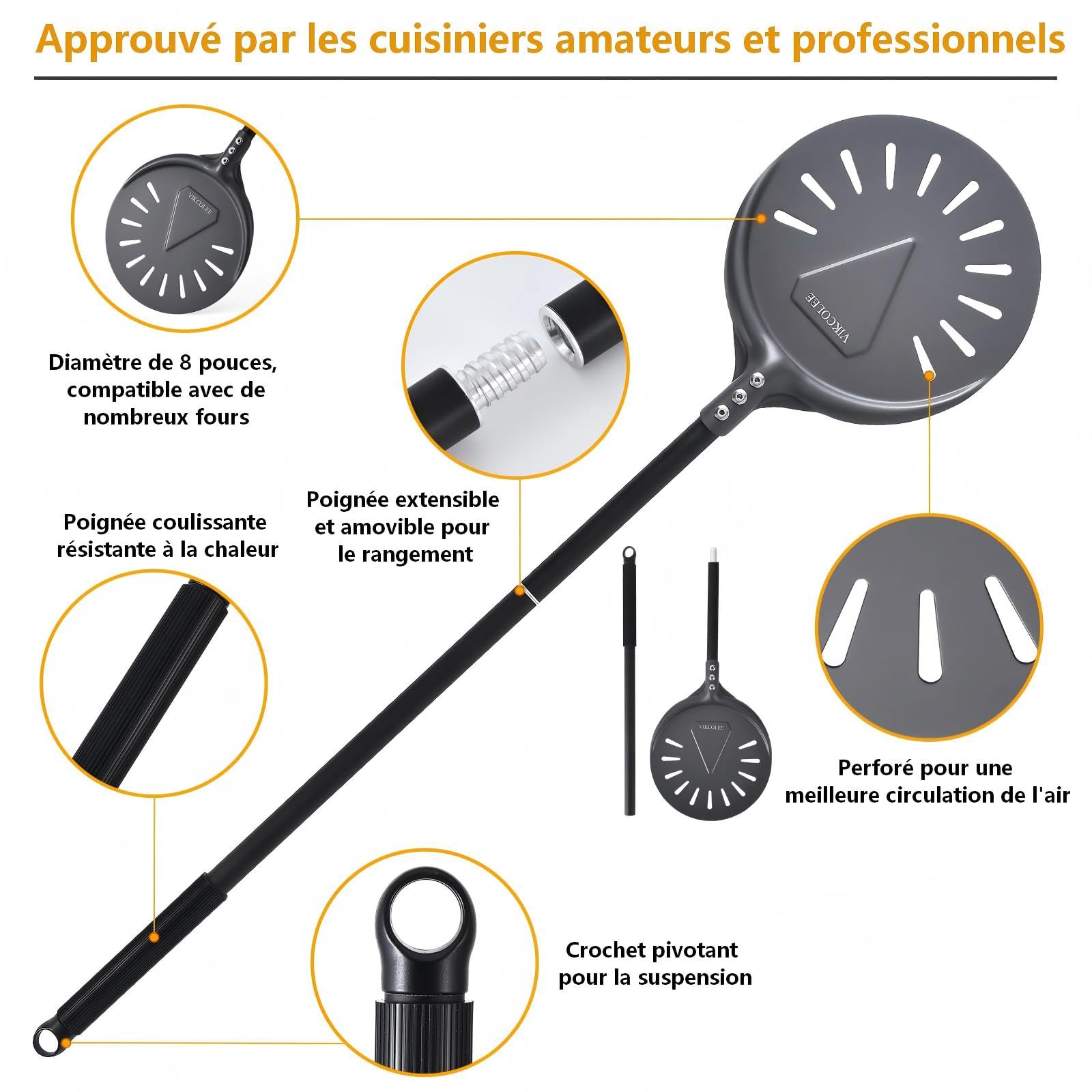 Pelle à pizza rectangulaire de 20,3 cm, spatule professionnelle en aluminium anodisé, 78,7 cm au total