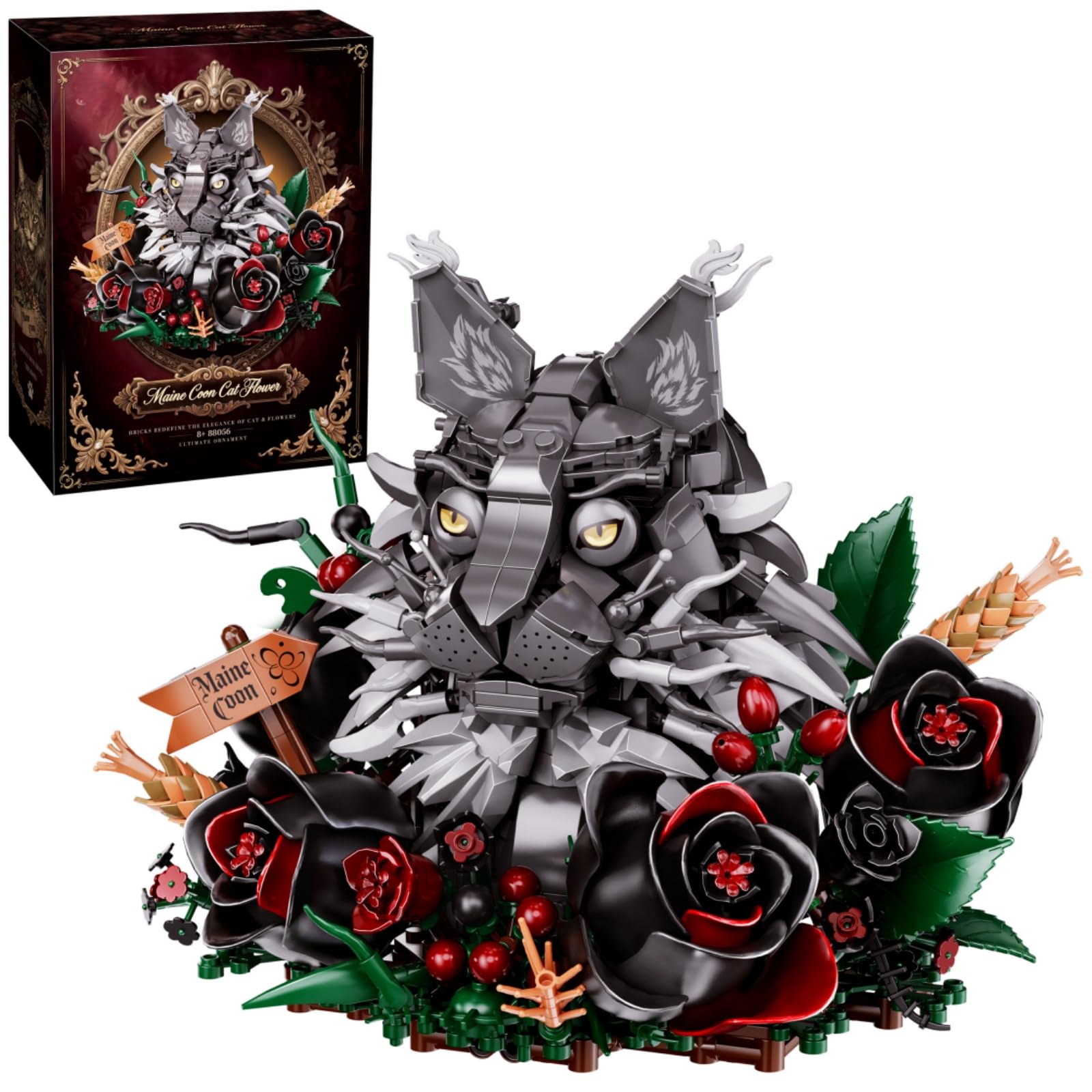 Fuleying Maine Coon Cat Flower Building Blocks Set, Gothic Cat & Black Rose Bouquet Bricks Model, Artistic Animal Floral Display for Desktop for Adults(1056 PCS) — image 1