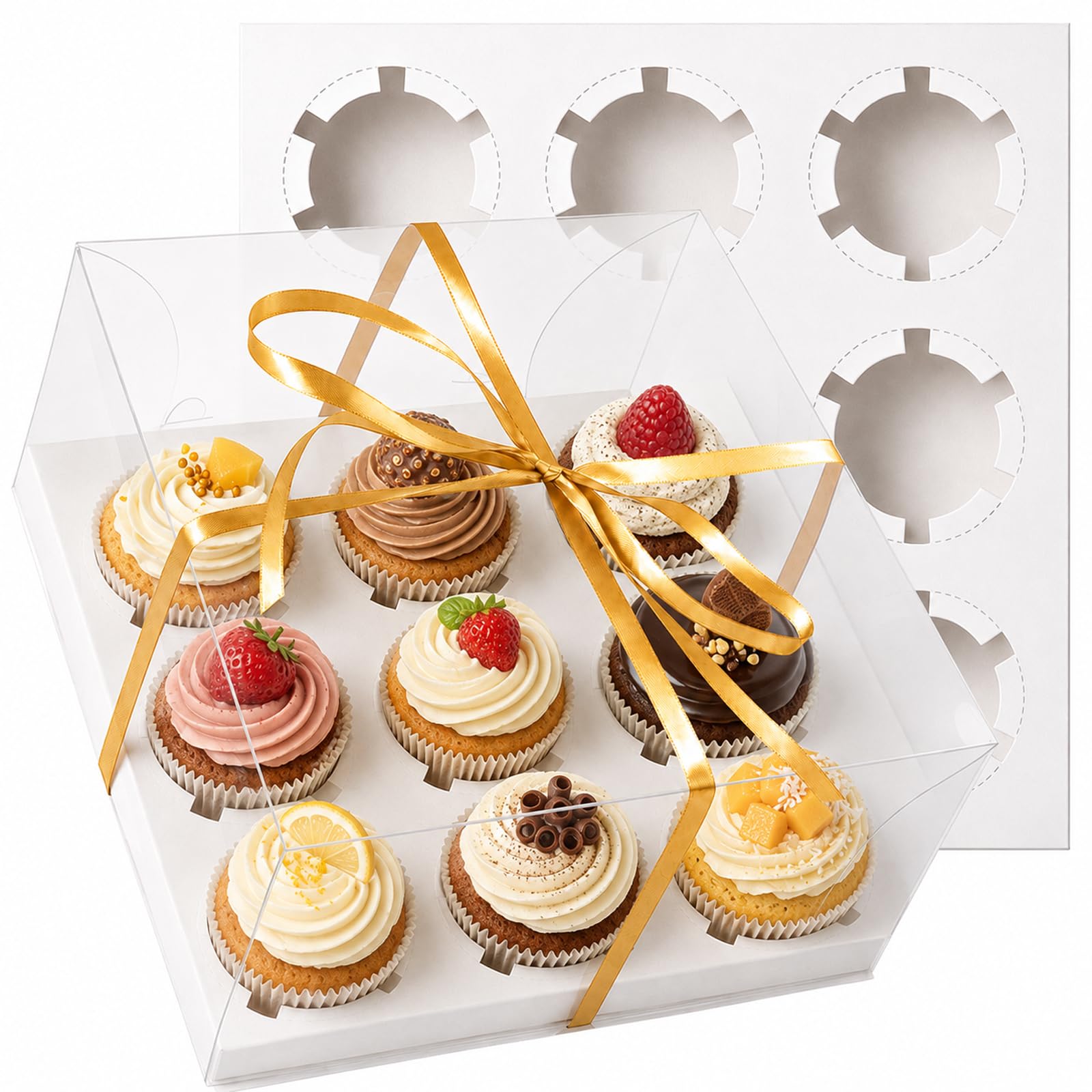 Lot de 10 boîtes à cupcakes transparentes avec insert à 9 trous, 23,5 cm pour bento et pâtisserie, lot de 9 boîtes à cupcakes avec ruban champagne pour cadeaux