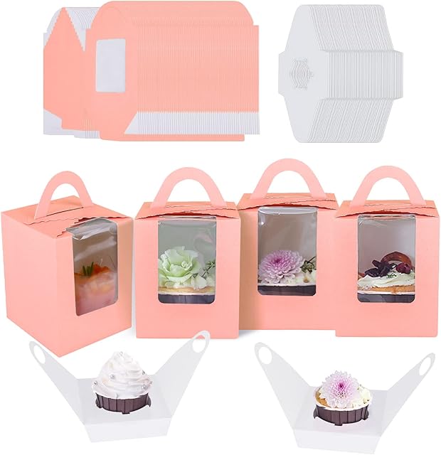 XJYMCOM 40 Pcs Single Cupcake Boxes Paper Cake Boxes with Window Inserts Handle Pink Individual Cupcake Carriers for Small Cake Cookies Birthday Parties Weddings