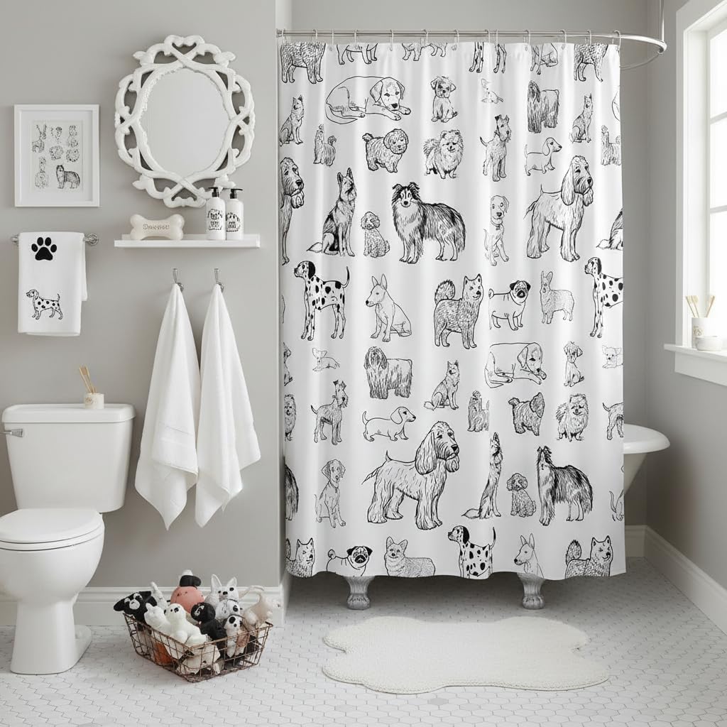 Homewish Cartoon Dog Shower Curtain Black White Dog Puppy Sketch Bathroom Curtains for Kids Girls Boys Adult Room Decor Cute Pet Animals Waterproof Bath Quick Dry Fabrics,12 Hooks,72" Wx78 L