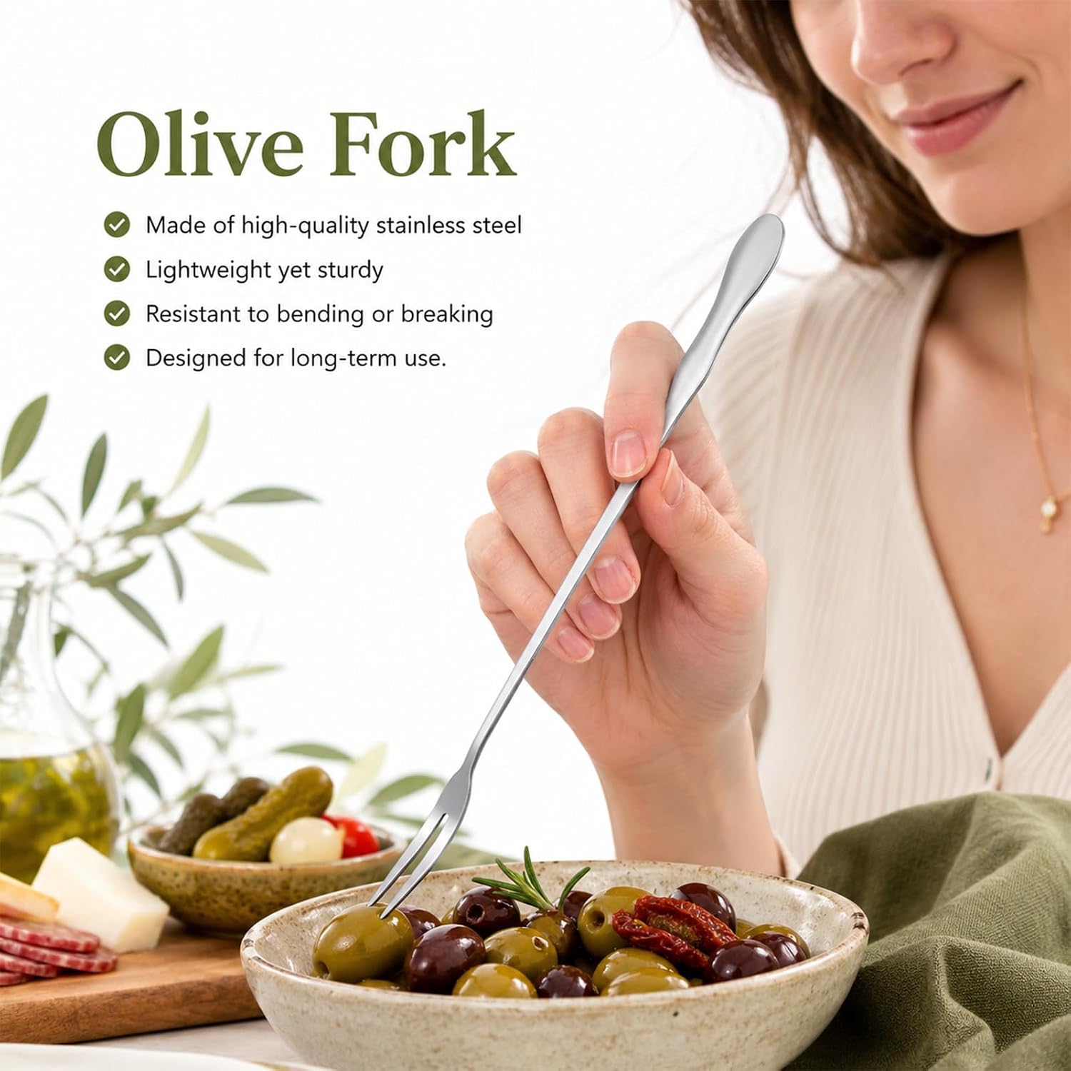 4Pcs Olive Spoon and Pickle Fork, Stainless Steel Long Handle Drain Holes