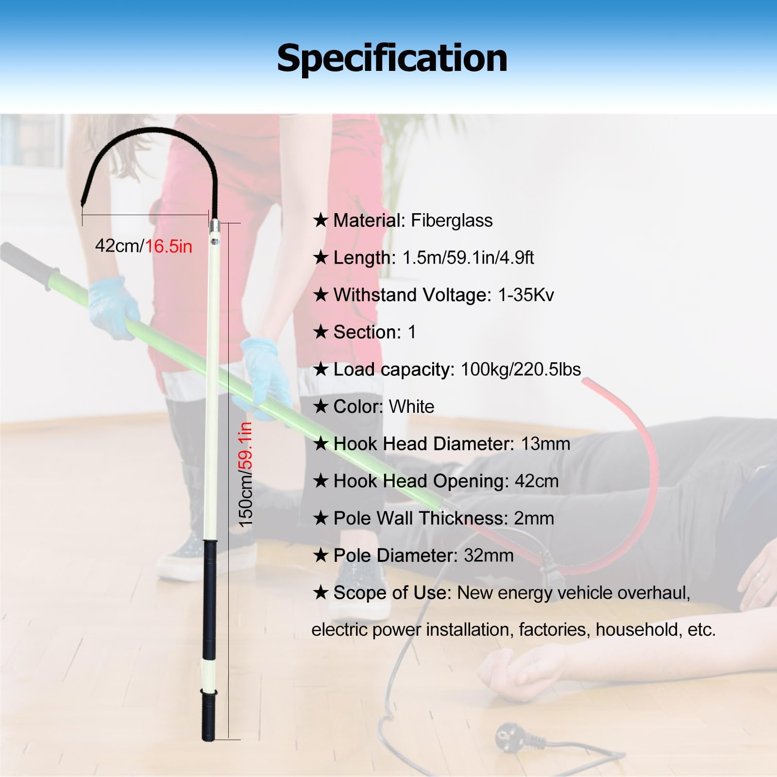 Gancio Isolato di Emergenza, Asta di Sicurezza per Soccorso elettricisti da 35 KV, Dispositivo Anti-elettrocuzione Leggero con Impugnatura Antiscivolo per Una Rapida risp