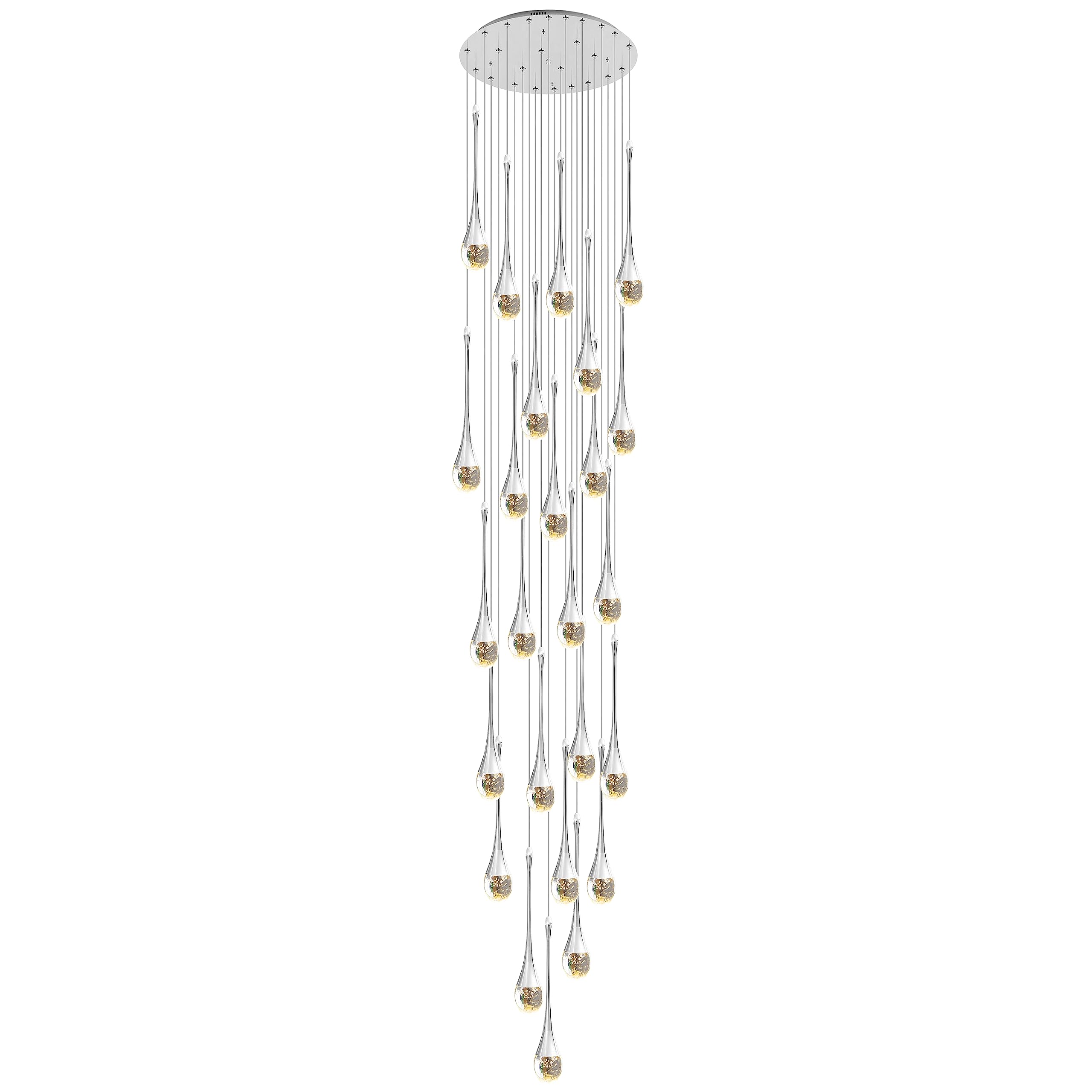 KXEcoLife 25-Light High Ceiling Chandeliers LED 3CCT Dimmable Modern Raindrop Spiral Crystal Pendant Light Dome Long Chandelier Fixtures For Foyer Entryway Stairwell Lighting