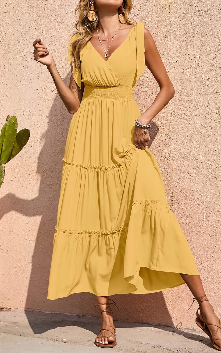 PRETTYGARDEN Women's Cross Neck Spring Sleeveless Tiered Maxi Dress Beach Tie Strap Smocked Long Dresses Pleated Sundress - Image 2