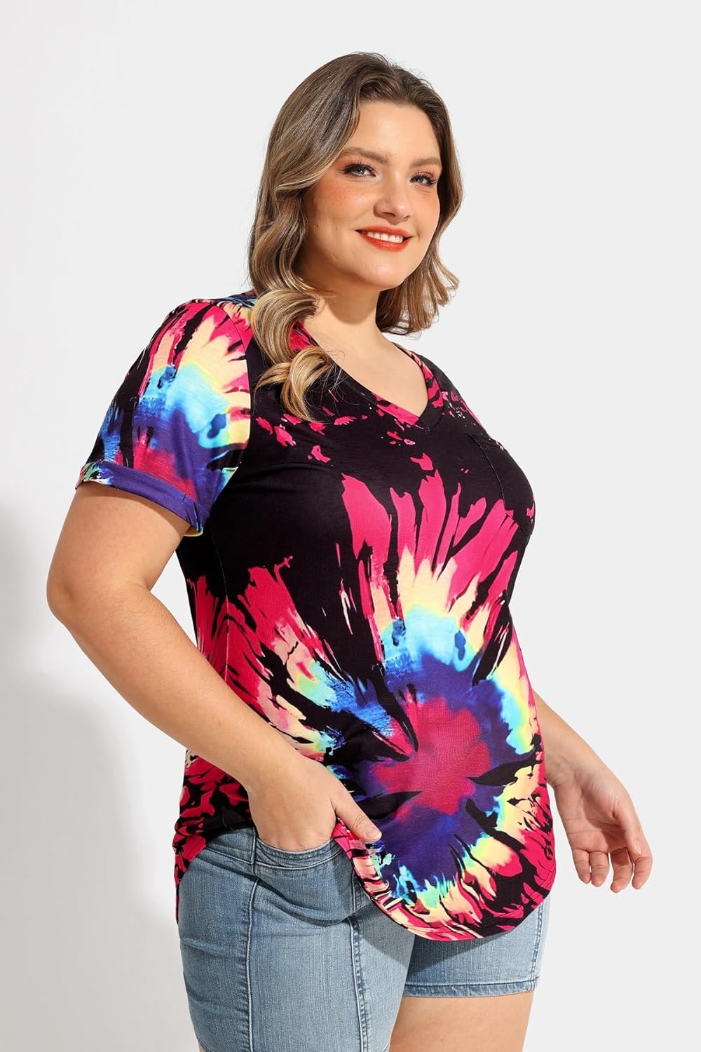 RITERA Plus Size Tops for Women Tie Dye Summer T Shirts V Neck Short Sleeve Casual Tee Tops with Front Pocket XL-5XL - Image 4