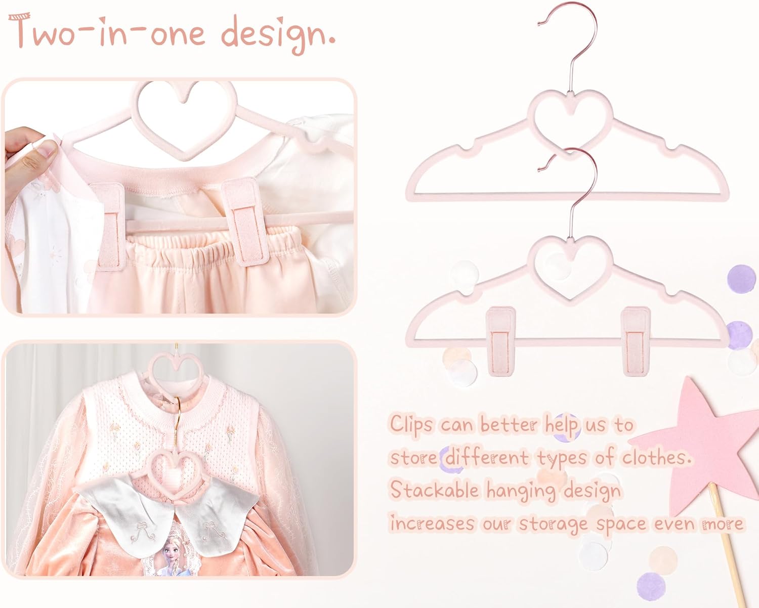 OneDream Pink Velvet Baby Hangers - 30 Pack 11inch Heart Toddler Hangers with 10pcs Clips, Non-Slip Strong and Durable Baby Clothes Hangers Without Slipping, Ultra Slim and Stackable Space Saving