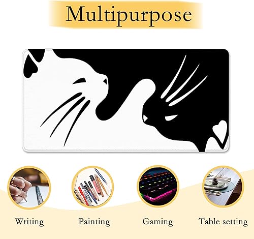 Miniatura 3 de Alfombrilla de escritorio con diseño de gatos en blanco y negro, alfombrilla grande para mouse para juegos, base de goma antideslizante con bordes